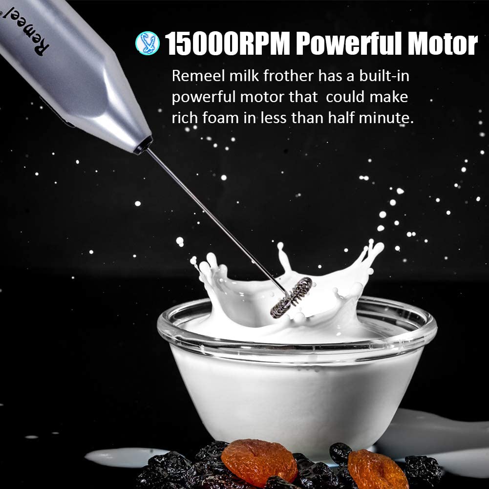 Premium Handheld Milk Frother with Stainless Steel Whisk - Powerful Portable Electric Foam Maker for Coffee, Latte, Cappuccino & Hot Chocolate - Perfect for Home, Office & Cafe Use (Silver)