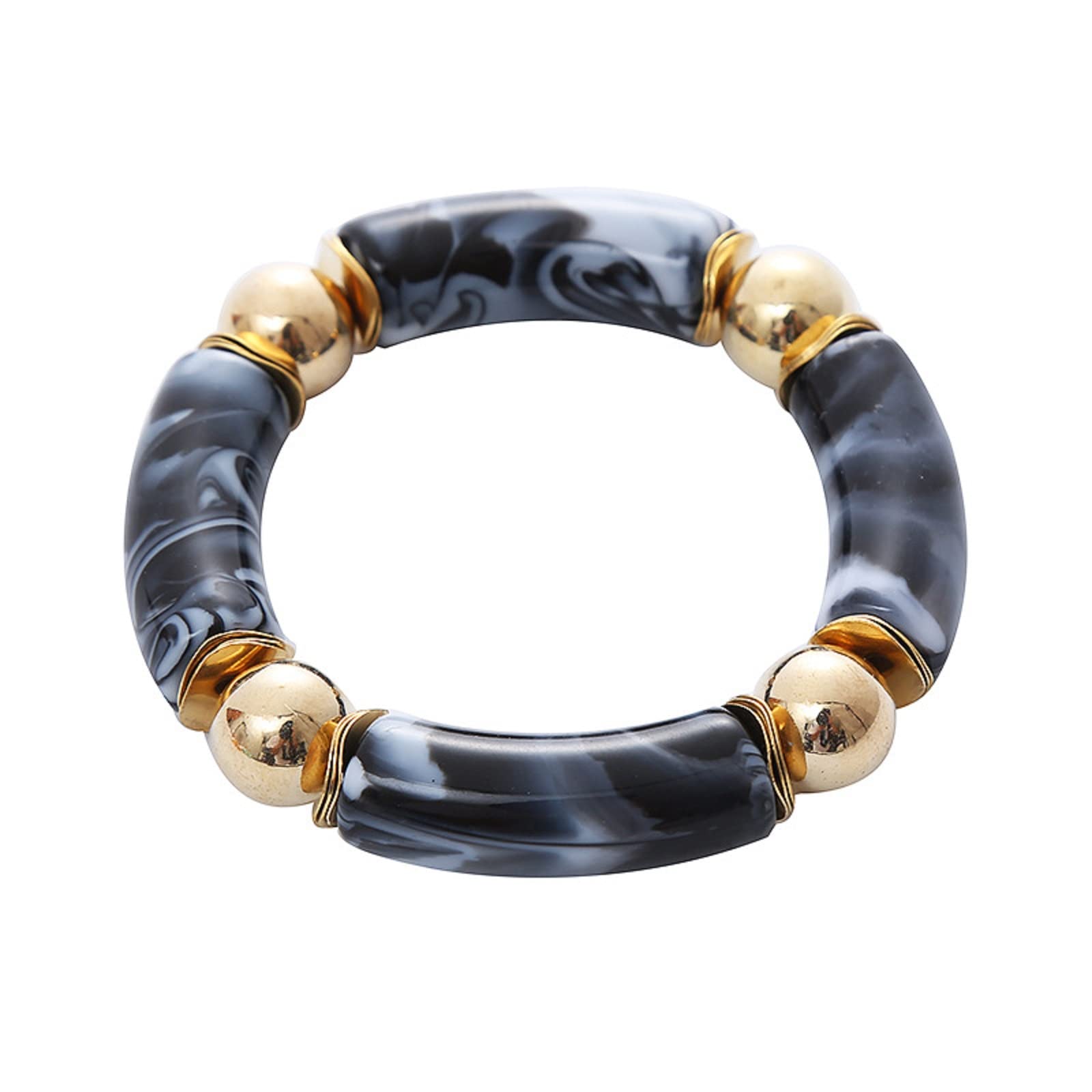 Gold Plated Bamboo Tube Beaded Acrylic Stretch Bracelet - Colorful Chunky Curved Bangle with Gold Accent Beads for Women | Perfect Summer Jewelry for Beach, Friendship Gifts & Boho Fashion Accessories