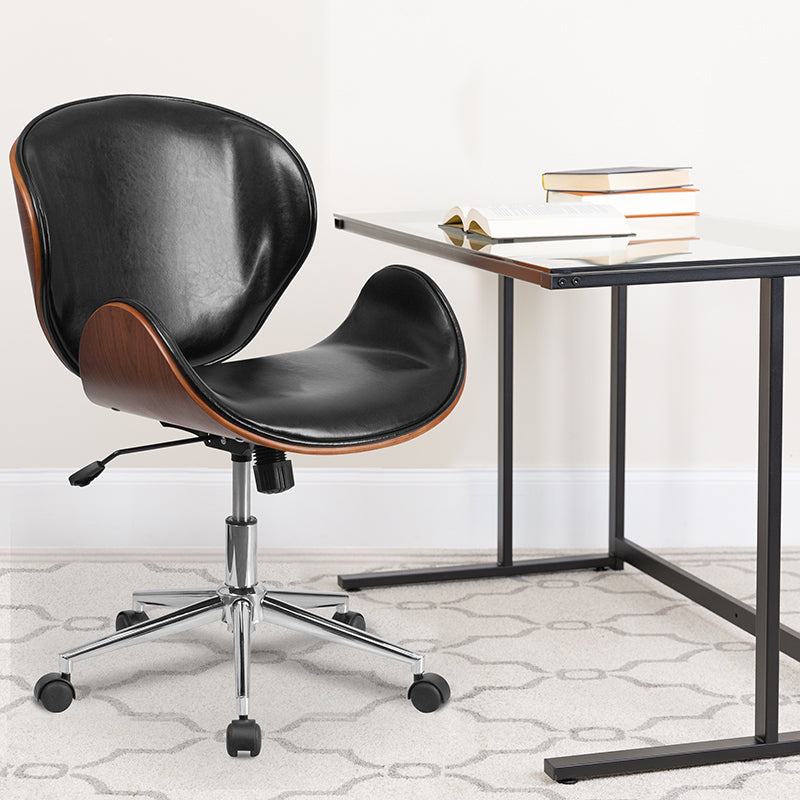 Premium Black LeatherSoft FLASH Tana Mid Back Walnut Wood Conference Office Chair - Ergonomic Executive Desk Chair for Home & Business Workspaces