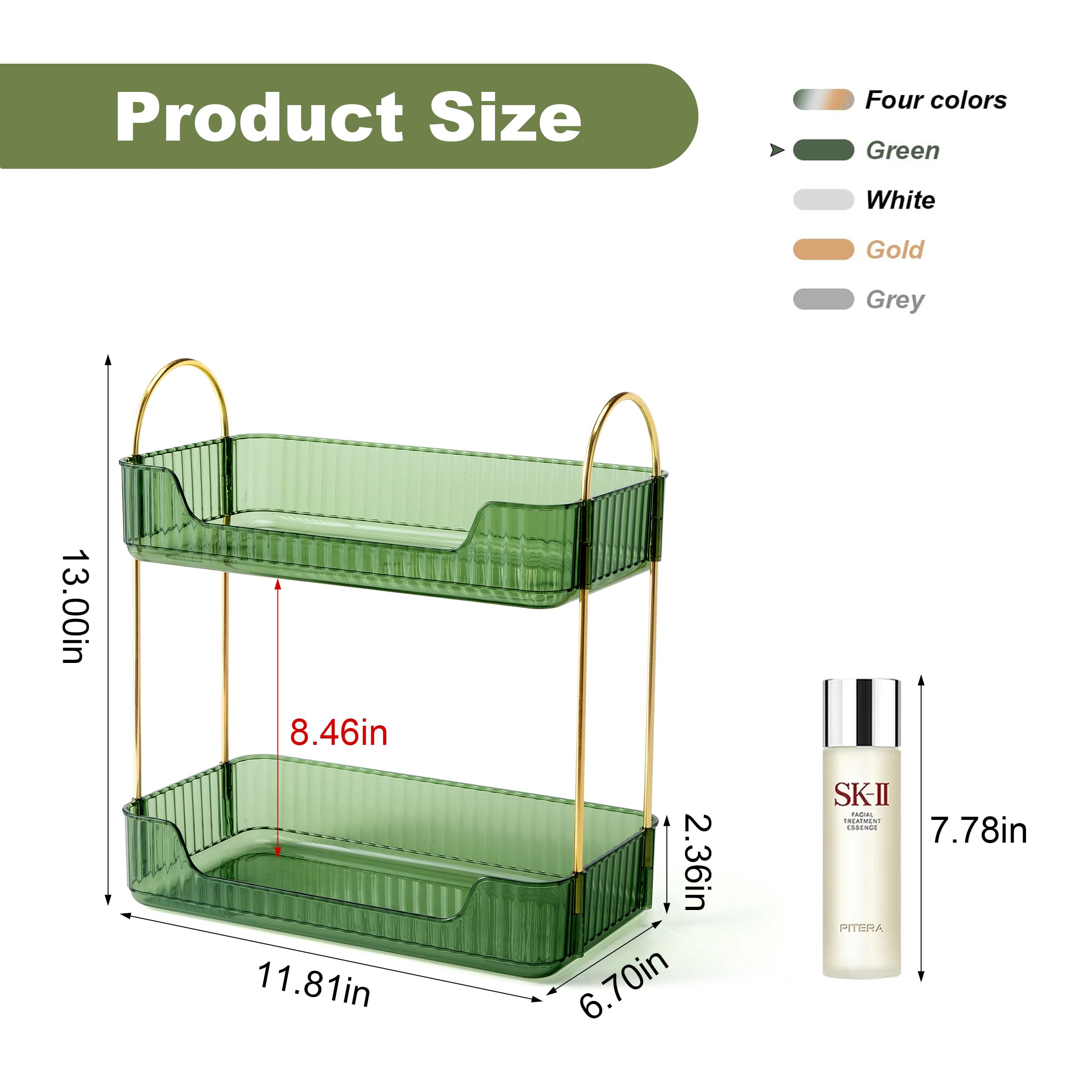 2-Tier Green Bathroom Counter Organizer & Skincare Shelf - Perfume Holder, Cosmetic Tray for Makeup, Lipstick & Beauty Products - Perfect for Vanity, Dresser & Bathroom Countertop Organization