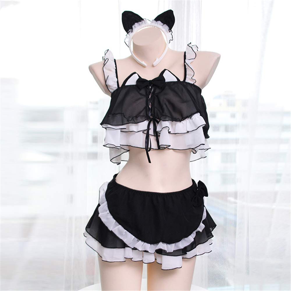 Sexy Lingerie Set for Women - Lace Garter Belt & Pajama - Black Anime Cosplay Costume for Role Play, Valentine's Day Gift, Boudoir Photoshoot