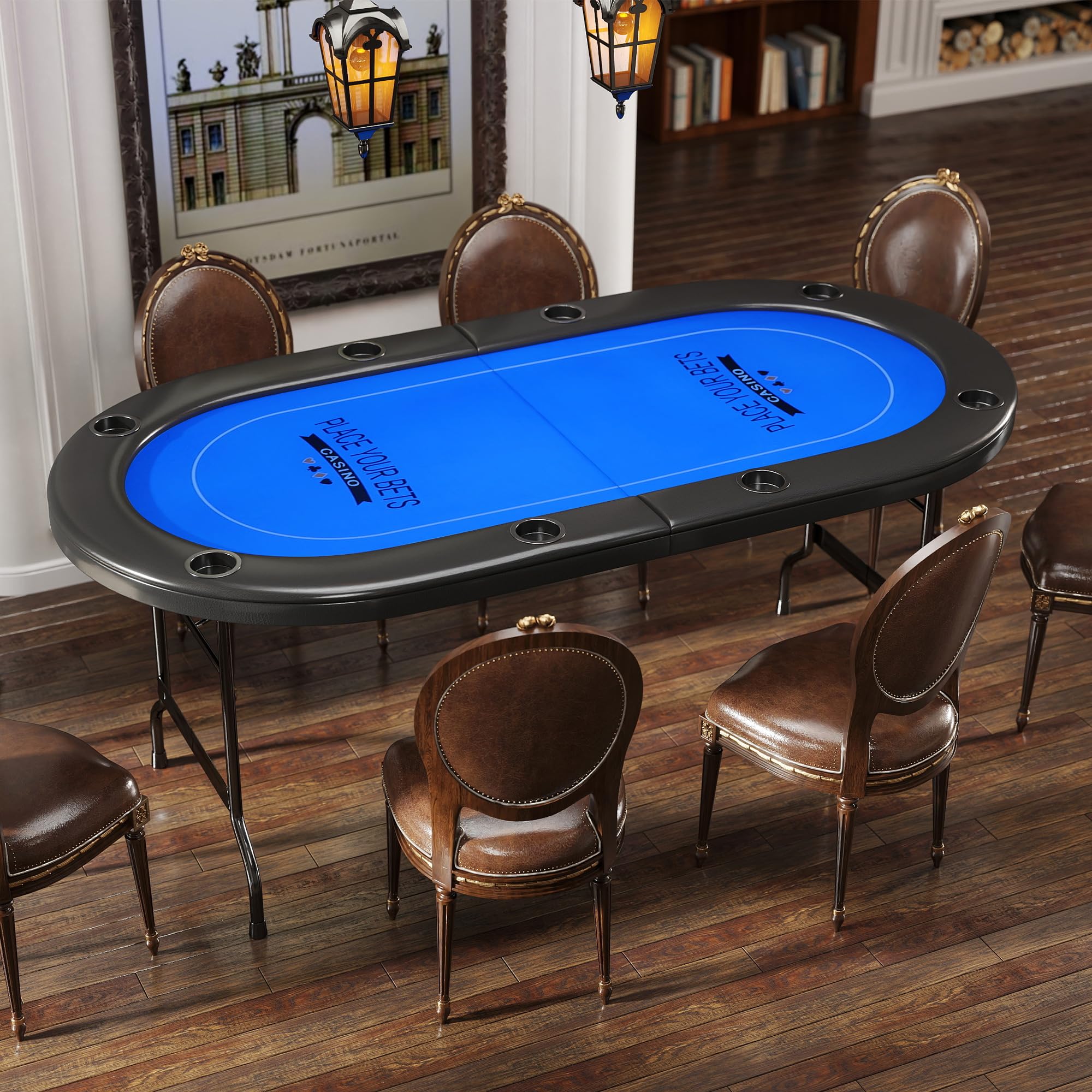 LUCKYERMORE 8 Player Foldable Poker Table with Cup Holders - Professional Texas Holdem & Blackjack Casino Game Table with Padded Rails & Blue Felt Surface - Perfect for Home Game Nights, Casino Parties, and Poker Tournaments