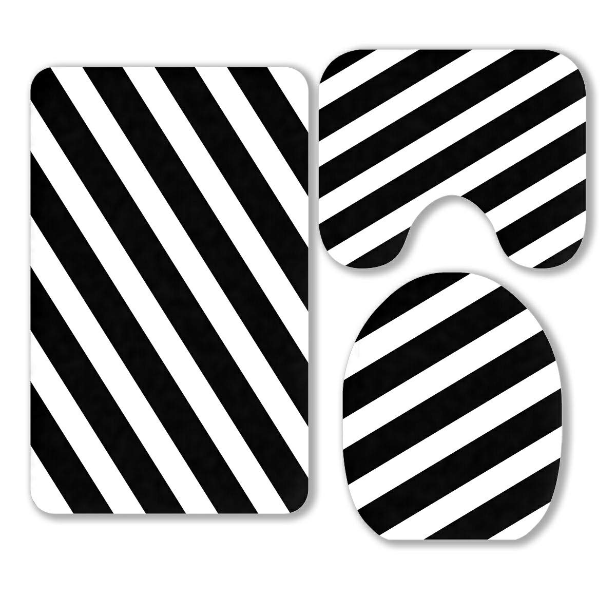 ECZJNT Abstract Lines Modern Black White 3-Piece Bathroom Rug Set - Non-Slip Bath Mat, Contour Mat & Toilet Lid Cover for Contemporary Home Decor | Perfect for Bathroom, Vanity & Powder Room