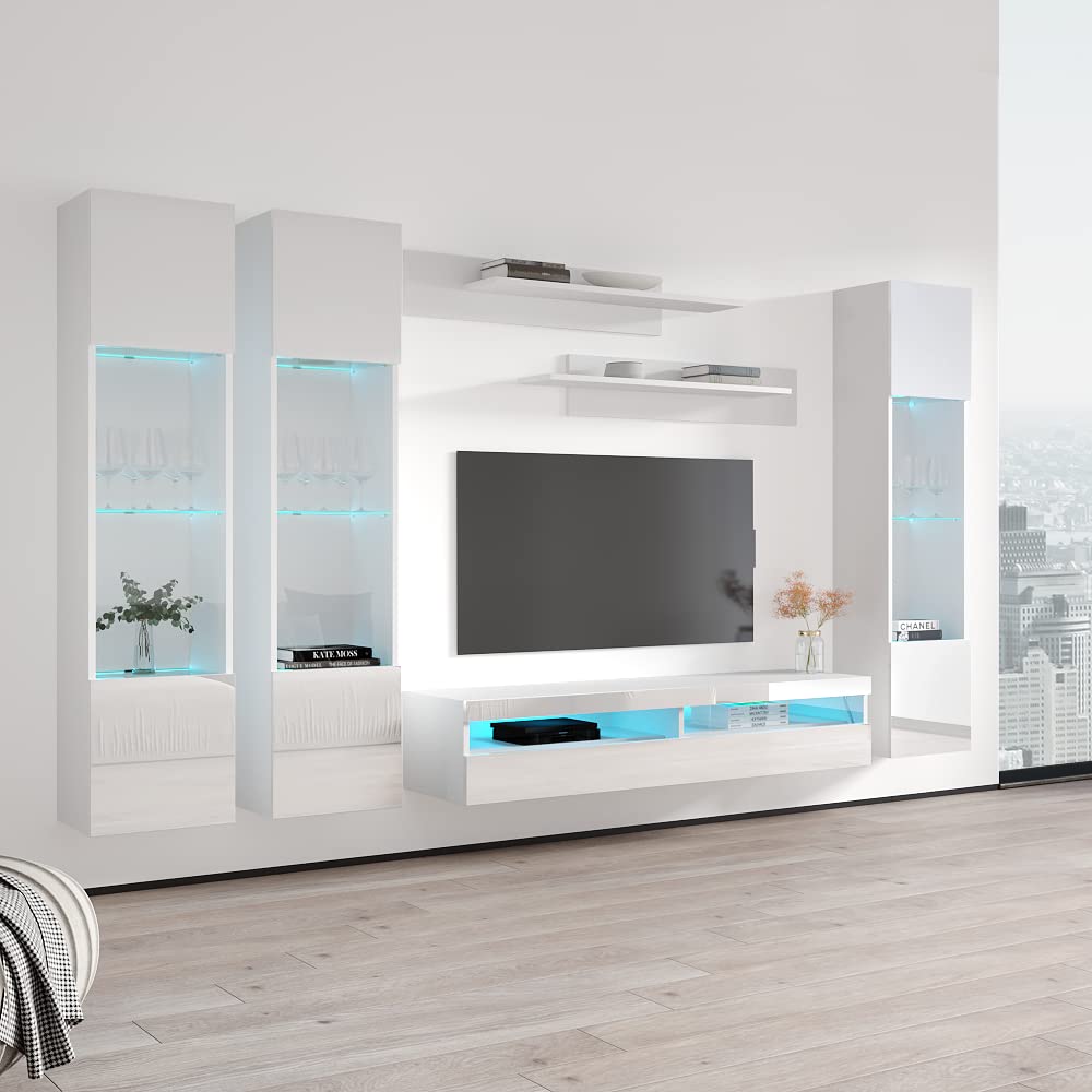 Modern White Wall-Mounted TV Stand with Storage Shelves & LED Lights - Floating Entertainment Center Console for Bedroom & Living Room - Perfect for Small Spaces & Home Theater Setup - Meble Furniture Fly CD3 35TV Stand