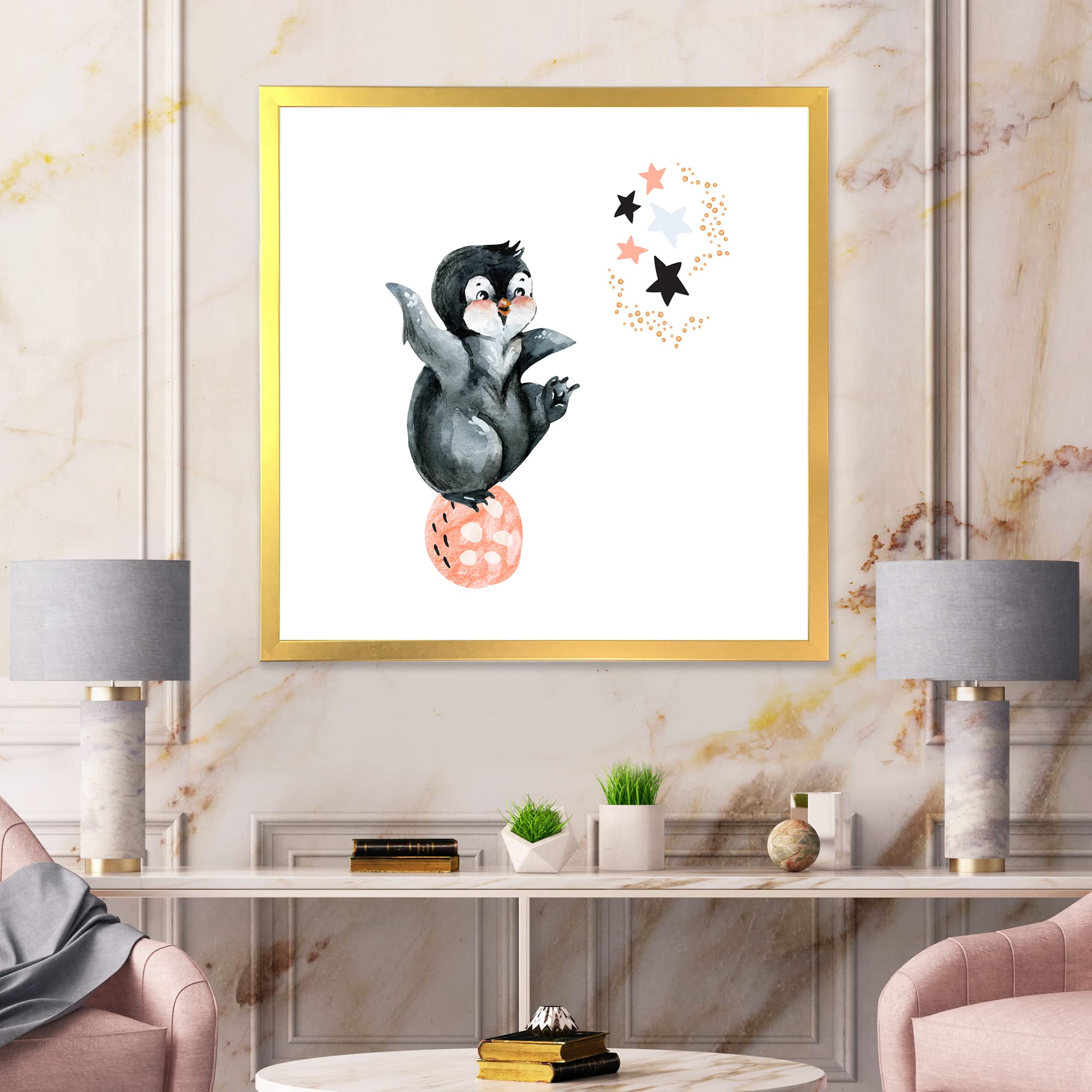 DesignQ Little Penguin With Stars and Planets II Farmhouse Framed Wall Art - Nursery Decor, Kids Room Wall Art, Living Room Decor for Home & Office
