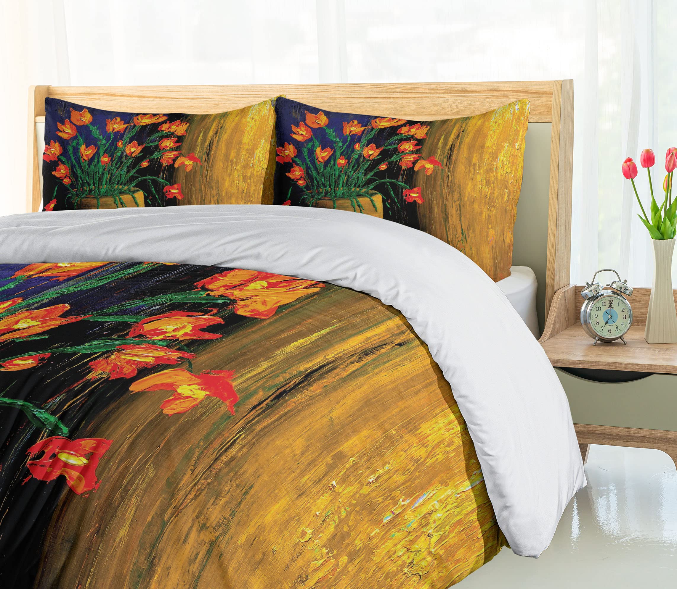 Ambesonne Floral Duvet Cover Set Queen Size - Oil Painting Botanical Vase Design Weathered Look - 3 Piece Bedding Set with 2 Pillow Shams - Vermilion Blue - Perfect for Bohemian Bedroom Decor & Guest Room Styling