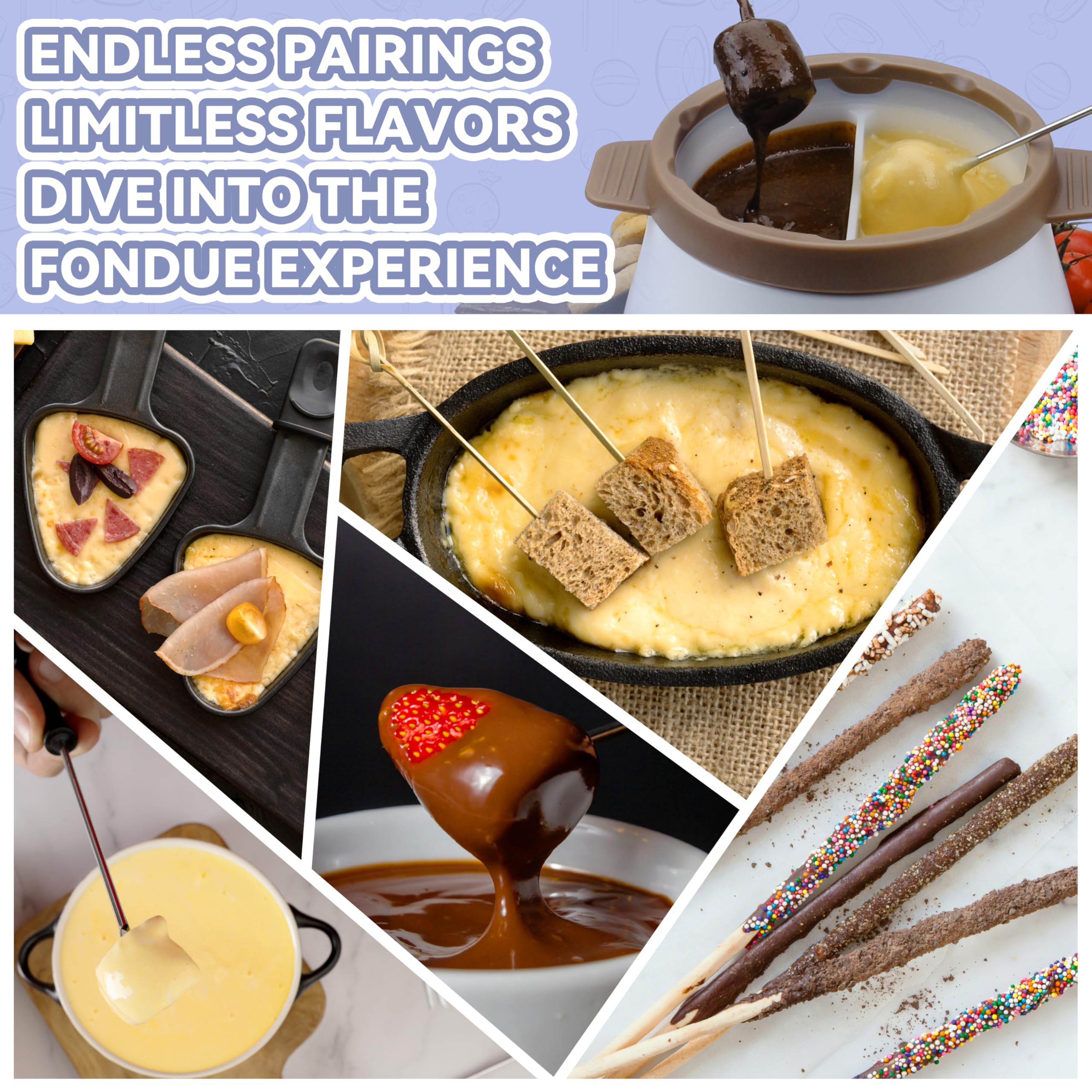 Electric Fondue Pot Set with 2 Pots - Chocolate & Candy Melting Warmer for Dipping, 2.5 Cups Capacity, Includes Fondue Forks (Brown) - Perfect for Parties, Desserts & Family Gatherings