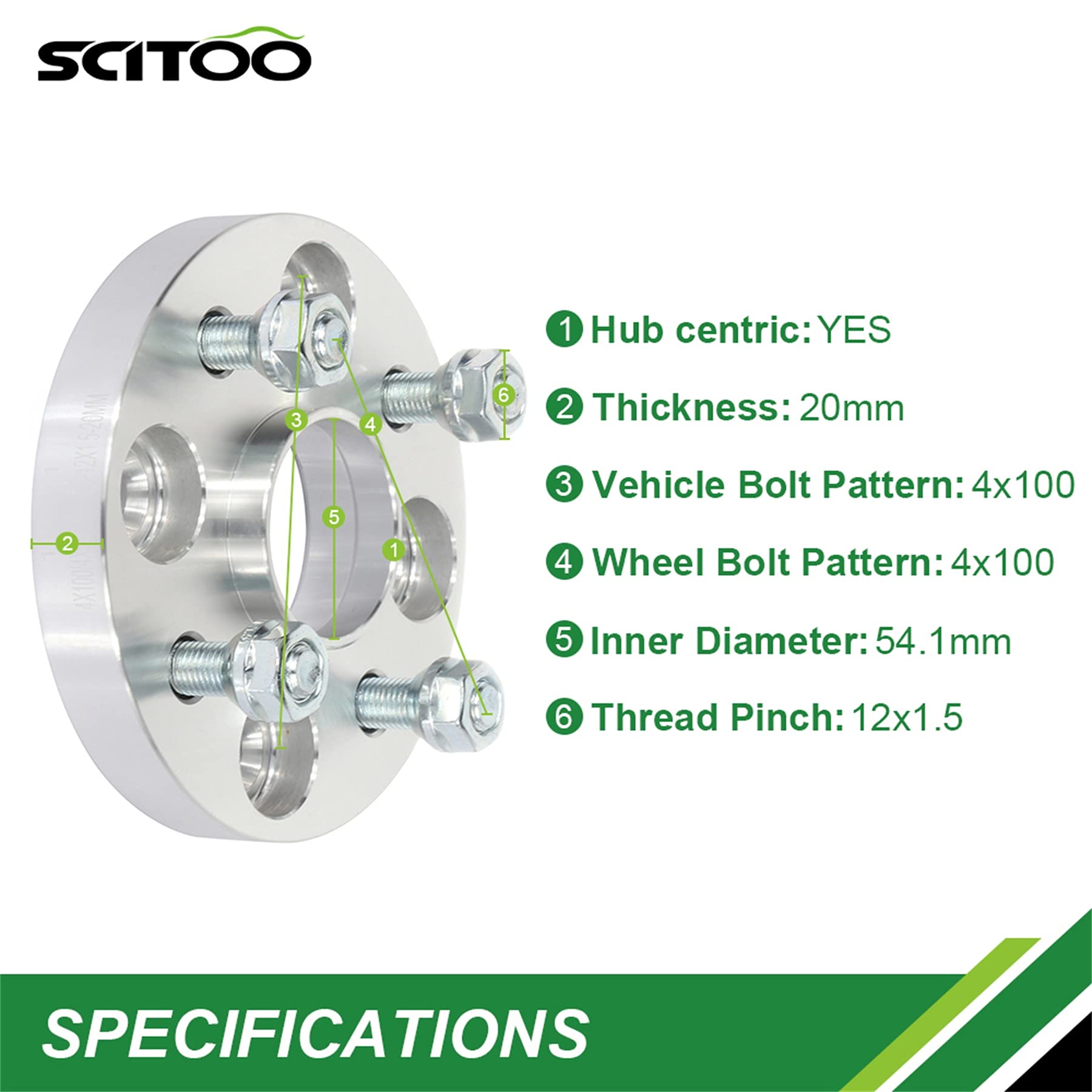 SCITOO 4Pcs 20mm Wheel Spacers 4x100 Bolt Pattern 54.1mm Hub Bore 12x1.5 Studs - Compatible with Ford Escort, Toyota Corolla, Celica, Echo, MR2, MR2 Spyder, Prius C, Tercel - Perfect for Enhanced Stance & Performance Upgrades