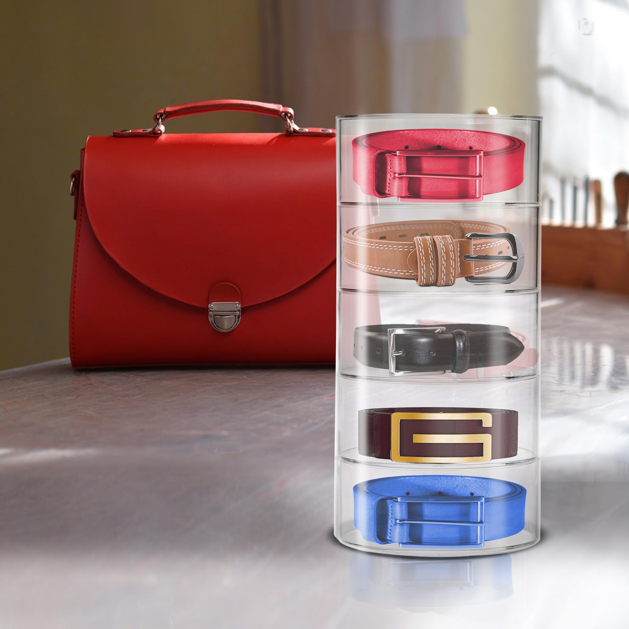 5-Compartment Acrylic Belt Organizer for Closet - Clear Jewelry & Accessory Storage Display Case | Perfect for Watches, Bracelets, Bow Ties & Makeup Organization | Space-Saving Multipurpose Closet Organizer for Bedroom, Bathroom & Dressing Room