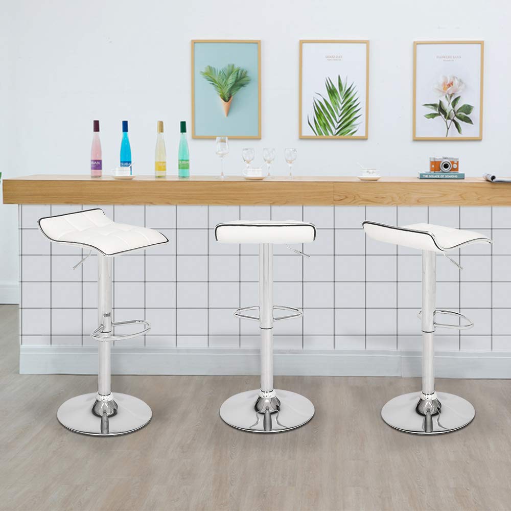 Modern PU Leather Swivel Adjustable Hydraulic Bar Stools Set of 2 - Square Board Curved Foot Design in Cotton Linen Fabric (White) for Kitchen Island, Home Bar & Dining Counter