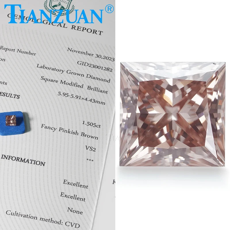 Lab Grown CVD Diamond - 1CT to 2CT Square Shape Loose Gemstone, VS1-VS2 Clarity, 2EX Cut, Fancy Pinkish Brown Color, GEMID Certified - Perfect for Engagement Rings, Jewelry Making & Custom Designs