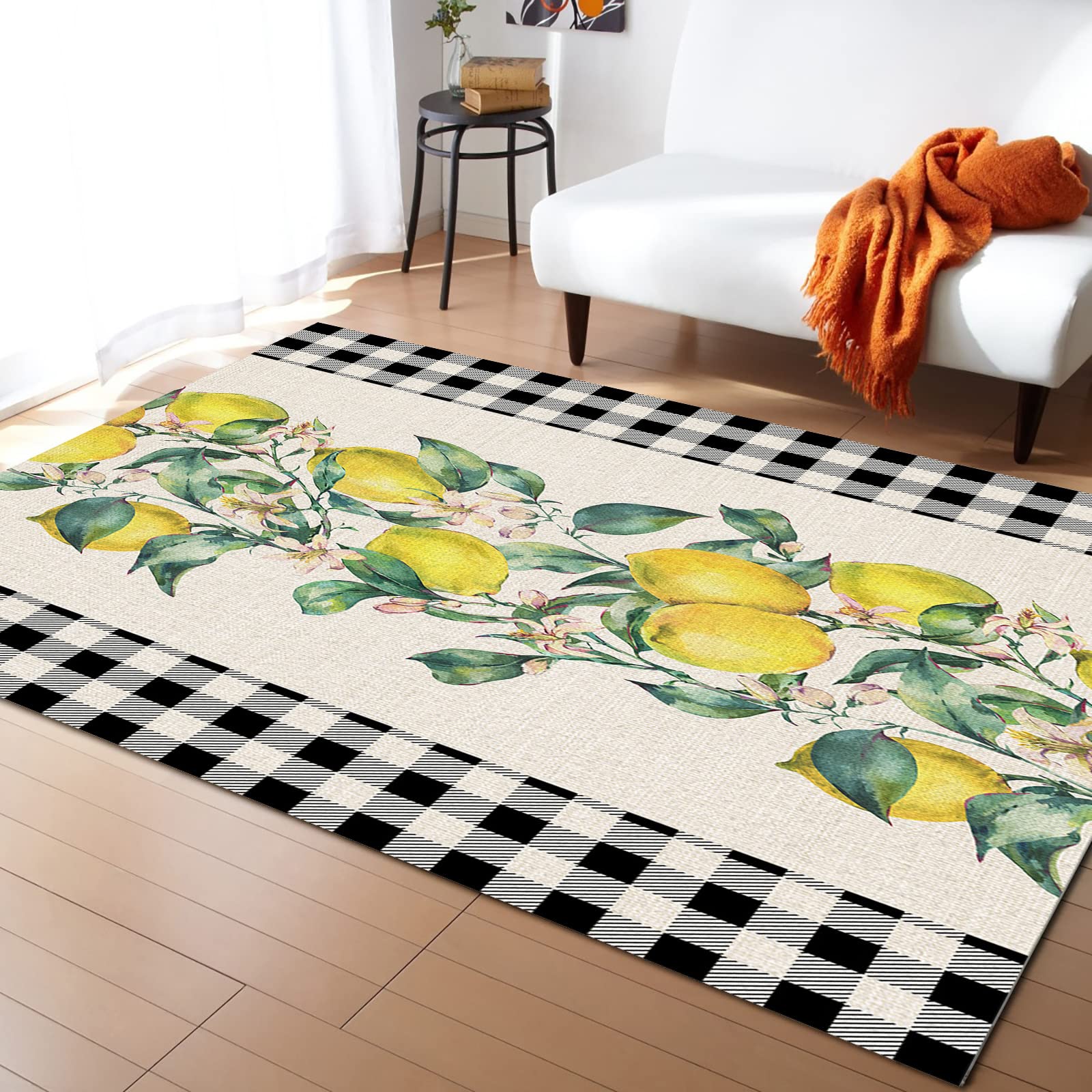 5'x8' Non-Slip Large Area Rug - Summer Lemon Floral Pattern, Soft Plush Carpet for Living Room, Bedroom, Kids Room & Kitchen Floor Cover - Retro Backdrop for Home Decor, Photo Shoot & Cozy Interior Design