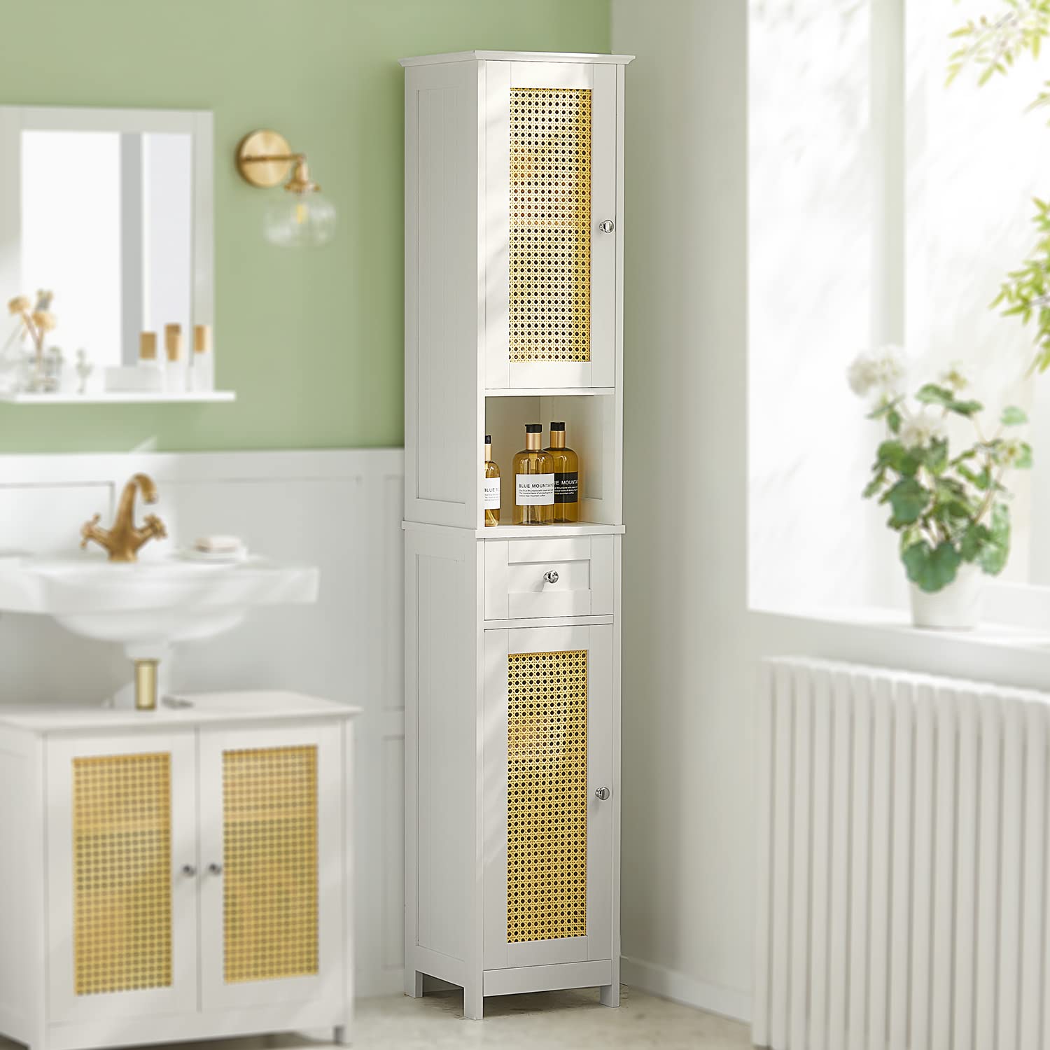 Haotian BZR70-W White Tall Bathroom Cabinet with Rattan Door - 3-Tier Storage with Drawer & Shelves - Modern Linen Tower Cabinet for Bathroom Organization | Perfect for Small Spaces, Apartments & Vanity Storage