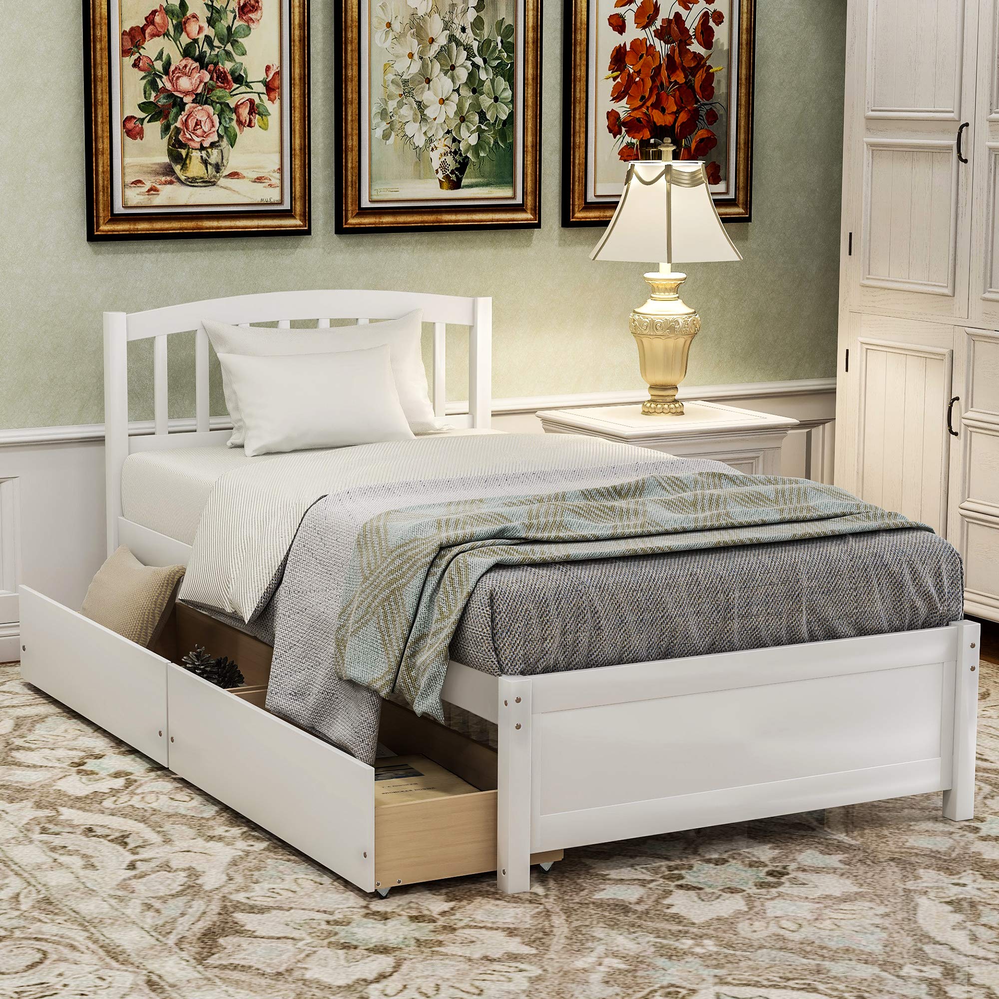 Merax Twin Size Platform Bed Frame - Solid Wood Storage Bed with 2 Drawers & Headboard, Snow White - Perfect for Small Bedrooms, Guest Rooms & Kids' Rooms