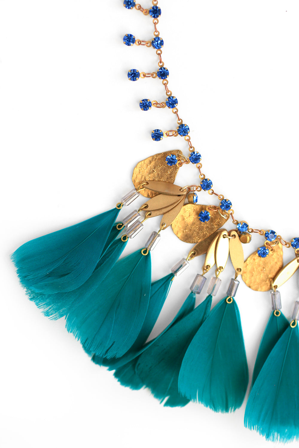 Elegant Crystal & Feather Bib Necklace in Teal - Boho Chic Statement Jewelry for Women - Perfect for Weddings, Parties & Special Occasions
