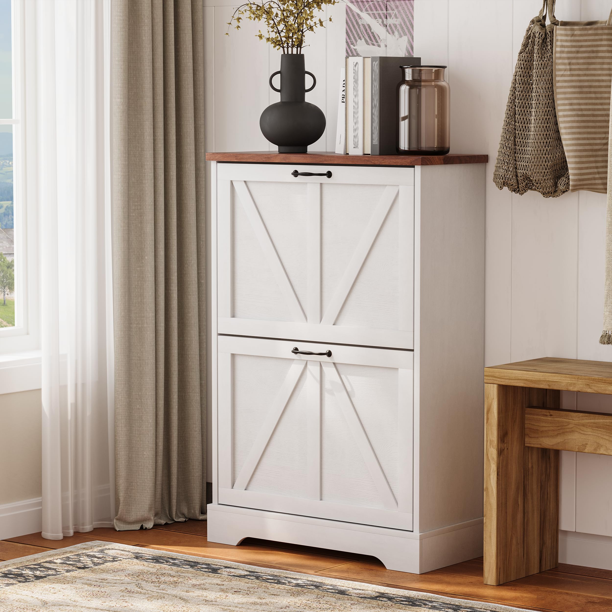 Semiocthome Farmhouse Shoe Storage Cabinet with 2 Flip Drawers - 23.6