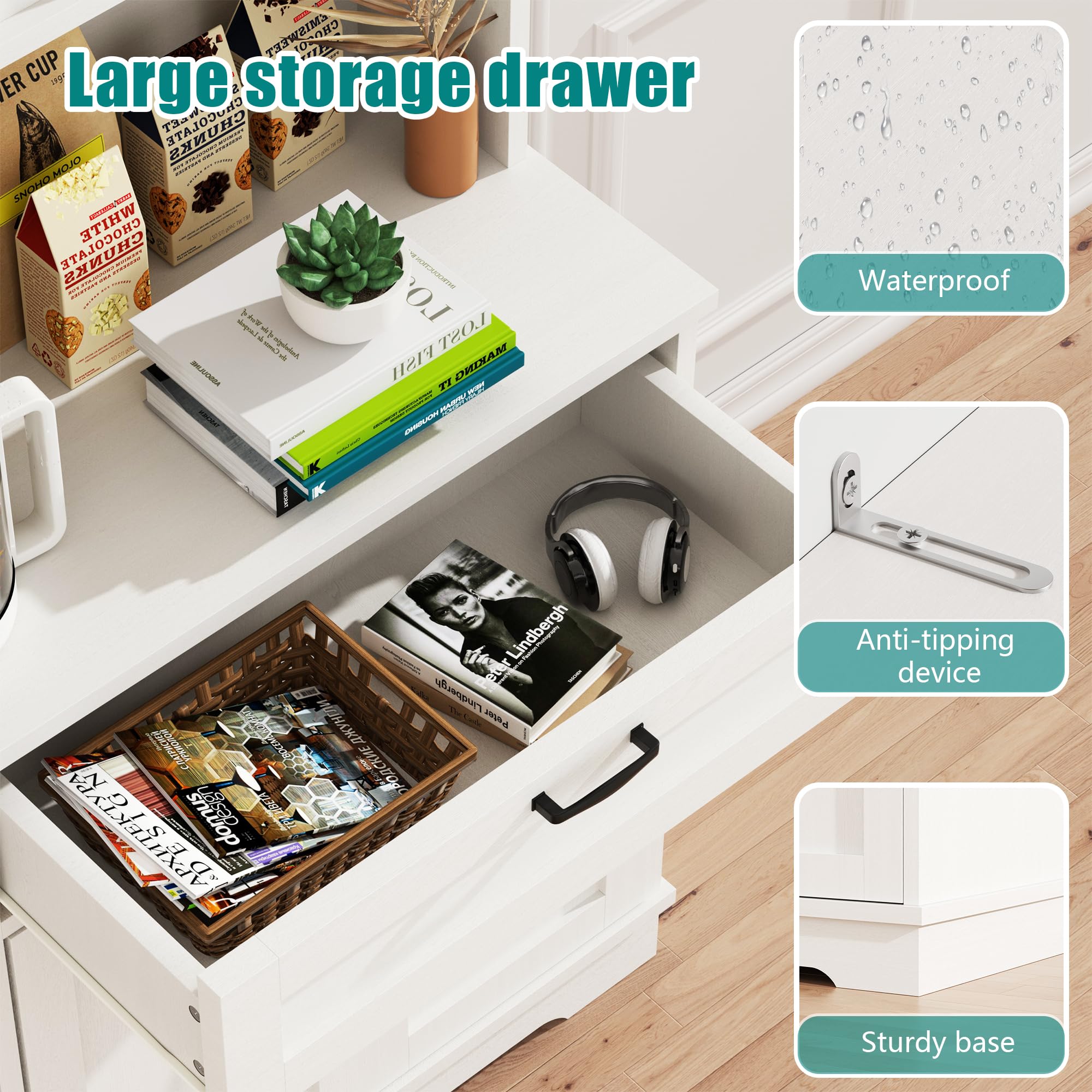 Modern White Tall Kitchen Pantry Cabinet with Hutch & Microwave Stand - Glass Door Storage for Coffee Bar, Dining Room - Perfect for Small Spaces & Kitchen Organization
