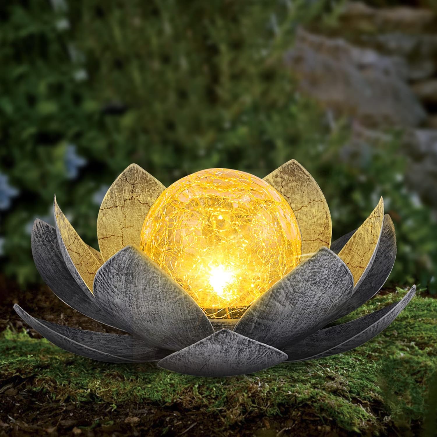 Solar Garden Lights Outdoor (2 Pack) - Amber Crackle Glass Globe Lotus LED Lights, Waterproof Metal Flower Decor for Patio, Lawn, Walkway, Tabletop - Perfect Garden Gifts for Women, Home & Wedding Decor