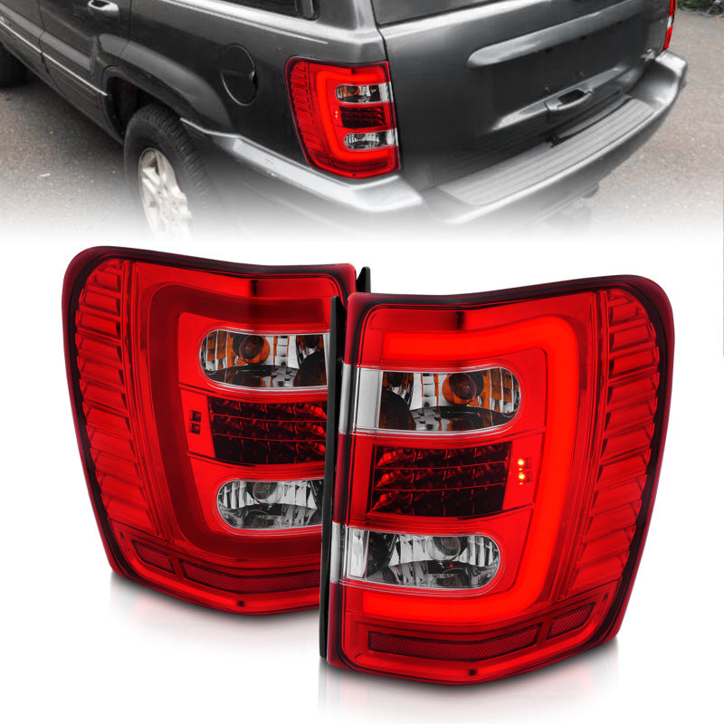 Anzo LED Tail Lights with Light Bars (Chrome/Red) for 1999-2004 Jeep Grand Cherokee - Enhanced Visibility & Style for Night Driving & Off-Road Adventures