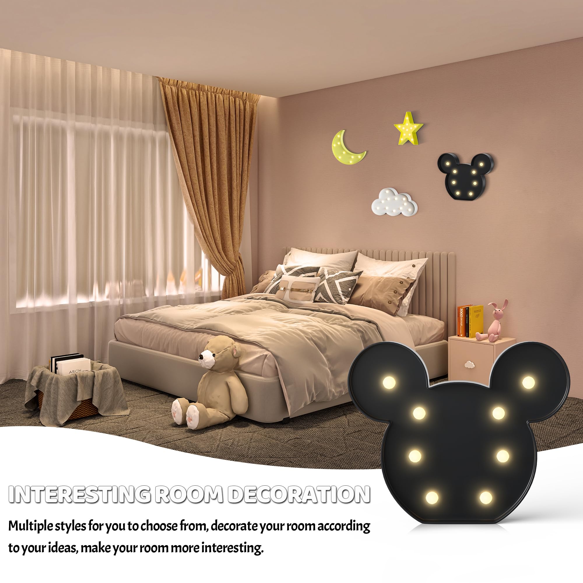 Battery-Powered Mouse Night Light for Kids - Black Mouse Decor for Bedroom, Wall Decor & Birthday Party Decorations - Perfect for Kids Room, Nursery & Sleep Aid