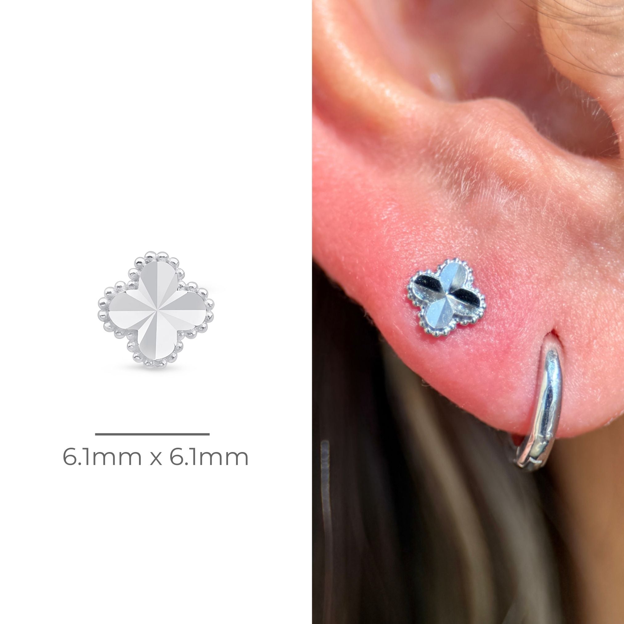 14K White Gold Diamond Cut Clover Stud Earrings - Flat Back for Secure Fit, Perfect for Everyday Wear & Special Occasions