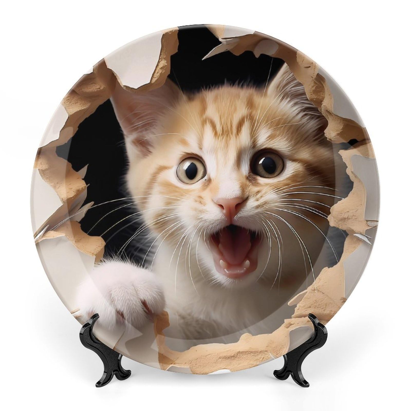 Cat in The Hole Ceramic Decorative Plates - Elegant Display Ornaments & Dinner Plates with Stand for Kitchen & Home Decor - Perfect for Dining, Gift Giving, and Wall Display