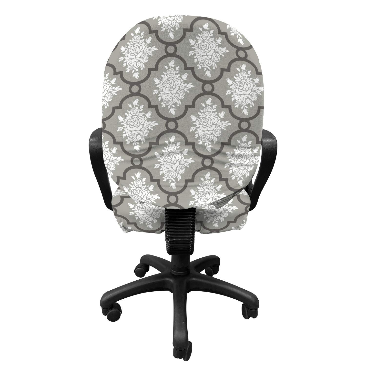 Lunarable Floral Office Chair Slipcover - Gothic Linked Rose Patterns with Leaves, Soft Stretch Fabric Cover for Home & Office Decor (Grey White) | Perfect for Desk Chairs, Conference Rooms & Home Offices