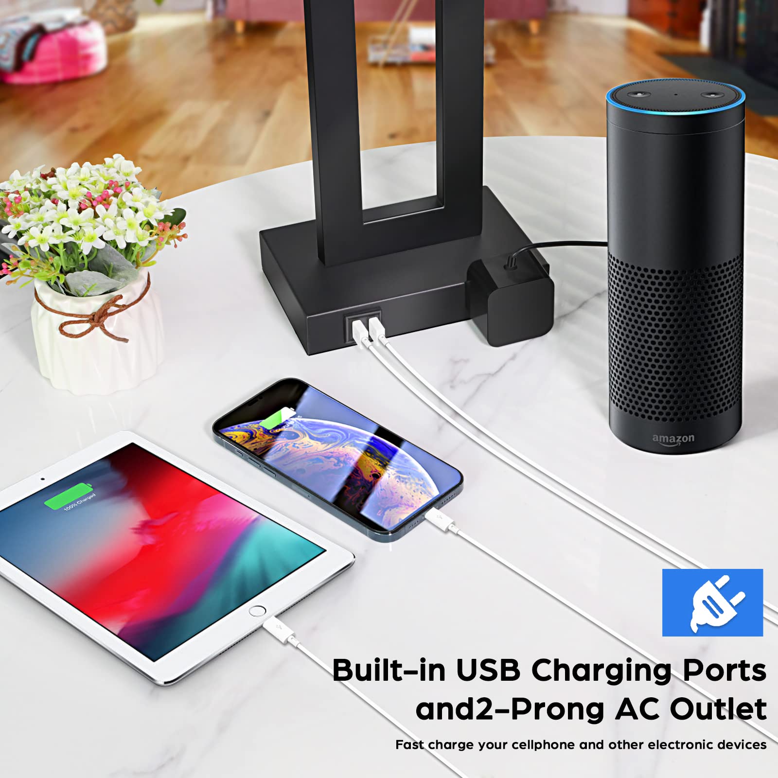 Set of 2 Modern Touch Control Table Lamps with 2 USB Ports - 22’’ Large Bedside Nightstand Lamps, 3-Way Dimmable Desk Lamp with White Fabric Shade - Perfect for Bedrooms, Living Rooms & Reading - Includes 2 LED Bulbs - Ideal for Home Office, Dorm Room & Nighttime Reading
