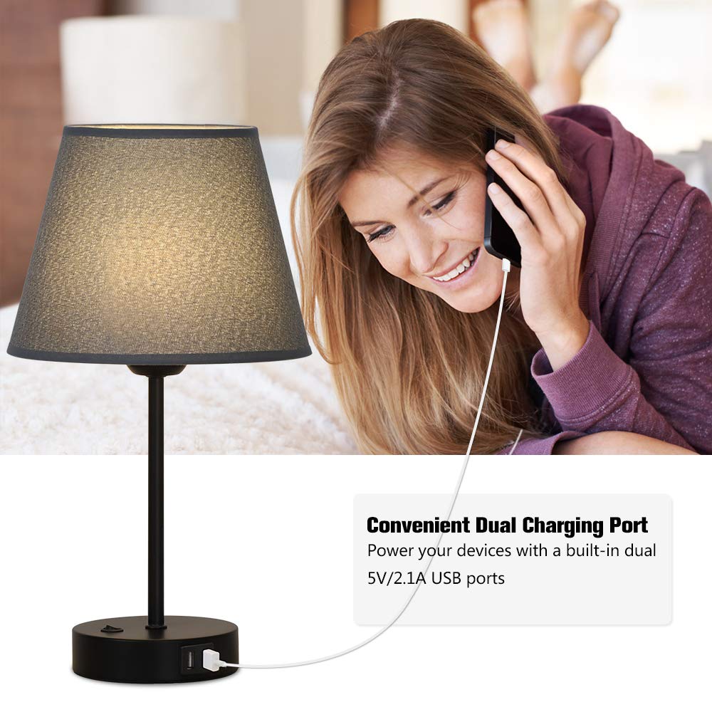 Modern Bedside Table Lamps with Dual USB Charging Ports - Set of 2 Gray Fabric Shade Nightstand Lamps for Bedroom, Living Room, Office & Study - Perfect for Reading, Working & Charging Devices