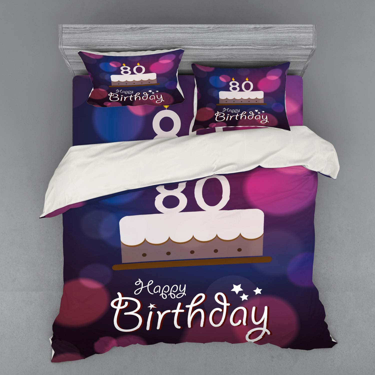 Ambesonne 80th Birthday Bedding Set - King Size 4-Piece Duvet Cover with Shams & Fitted Sheet - Abstract Party Cake & Candles Design in Purple Pink Lilac - Perfect for Birthday Celebrations & Guest Room Decor