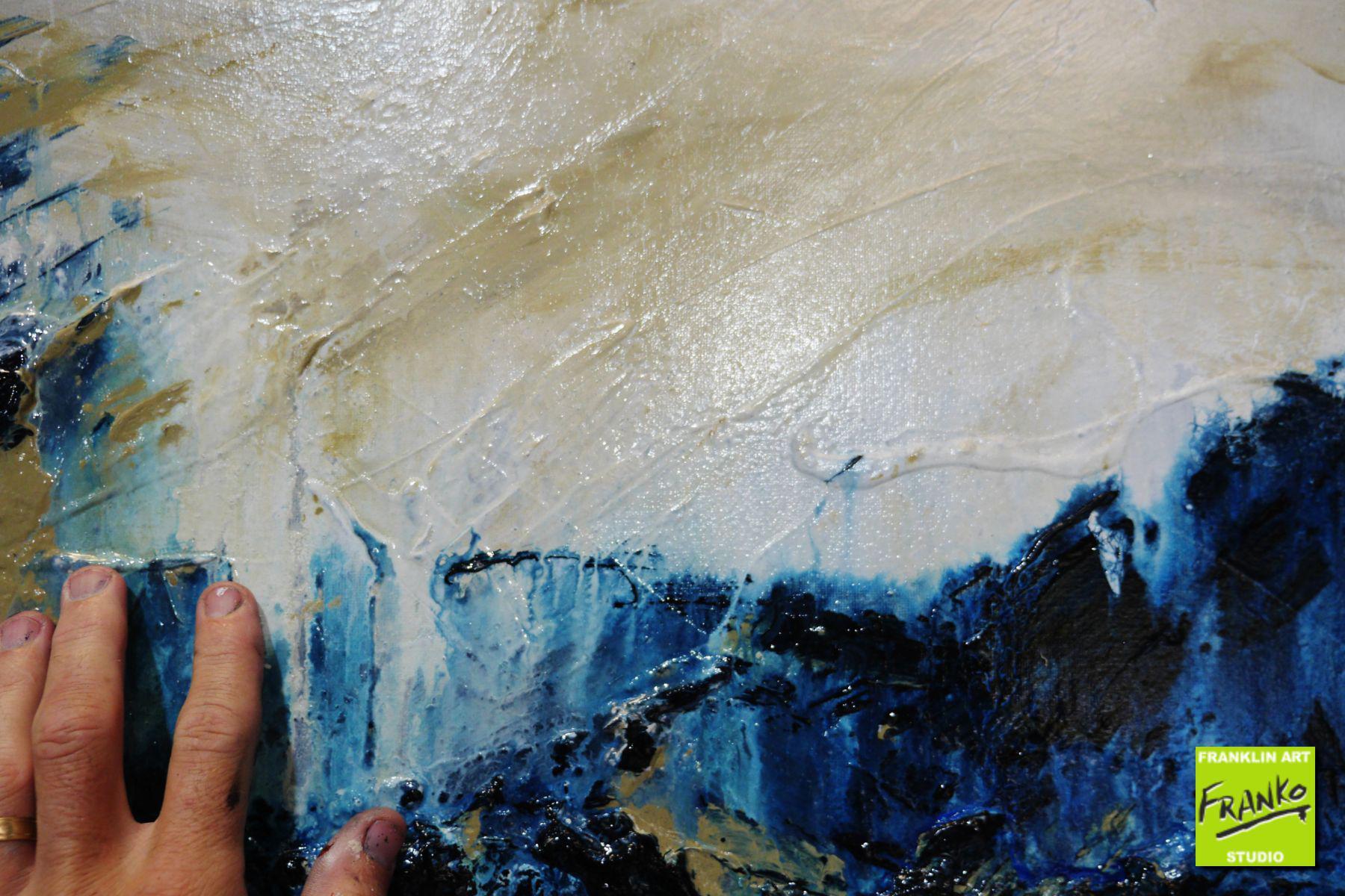 Navy After Glow 190x100cm Blue Cream Textured Abstract Canvas Art - Modern Wall Decor for Living Room, Bedroom & Office