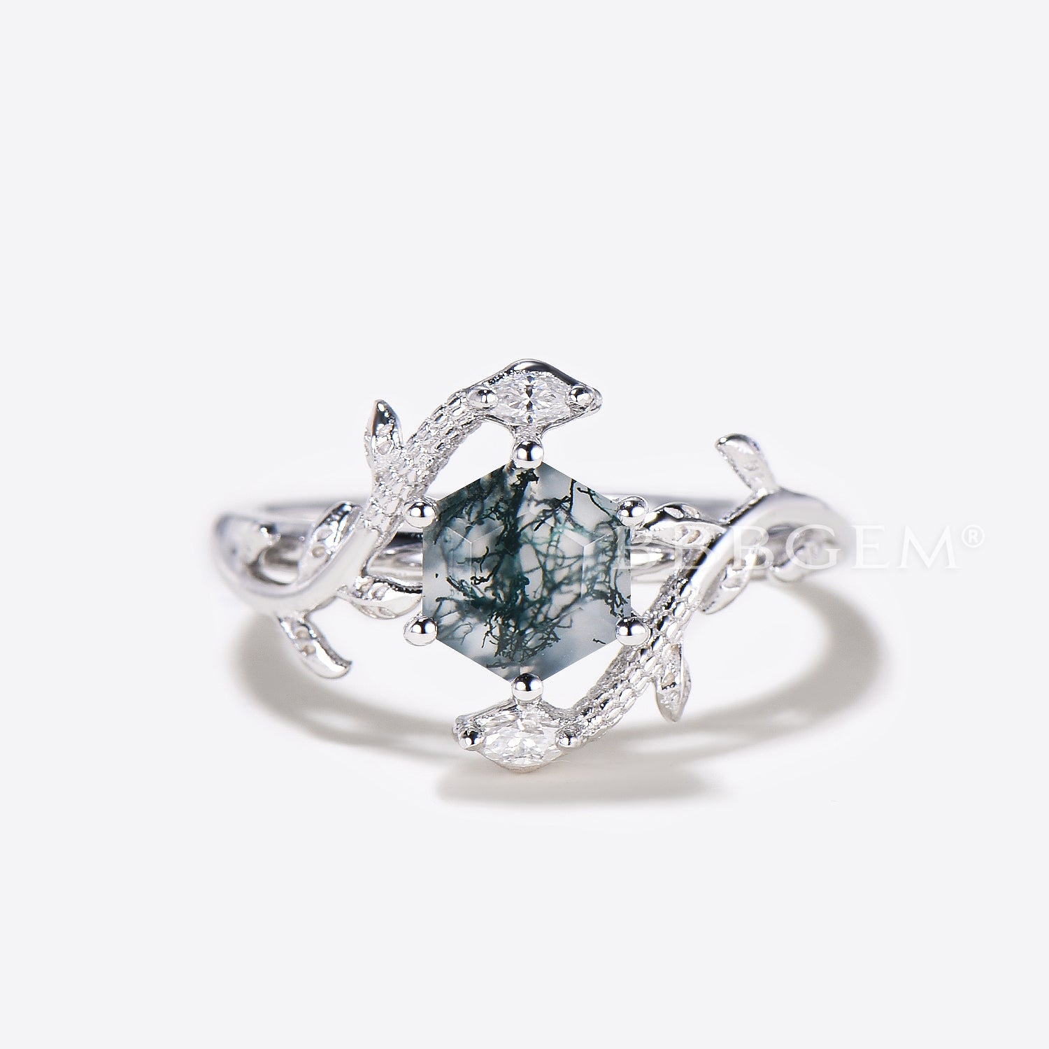 Hexagon Moss Agate Double Snake Ring - Twig Leaf Engagement Ring for Women, Unique Handmade Jewelry Gift for Brides, Anniversaries & Special Occasions