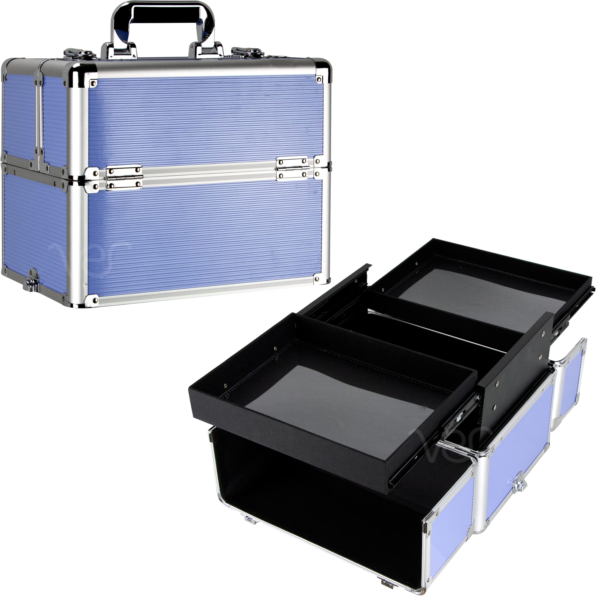 **Ver Beauty Makeup Organizer - Portable Cosmetic Travel Kit with 2 Sliding Trays & Lockable Storage Box - Professional Makeup Artist Supplies - Lightweight Aluminum Train Case (Lavender Stripes) - Perfect for Travel, Salon & Home Vanity**