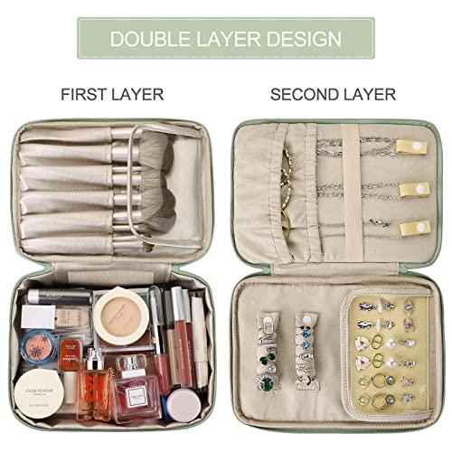Pocmimut 2-in-1 Waterproof Makeup & Jewelry Travel Organizer Bag for Women - Cosmetic Case with Brush Holder for Earrings Necklaces Bracelets (Green) - Perfect for Travel, Gym, and Daily Cosmetics Storage