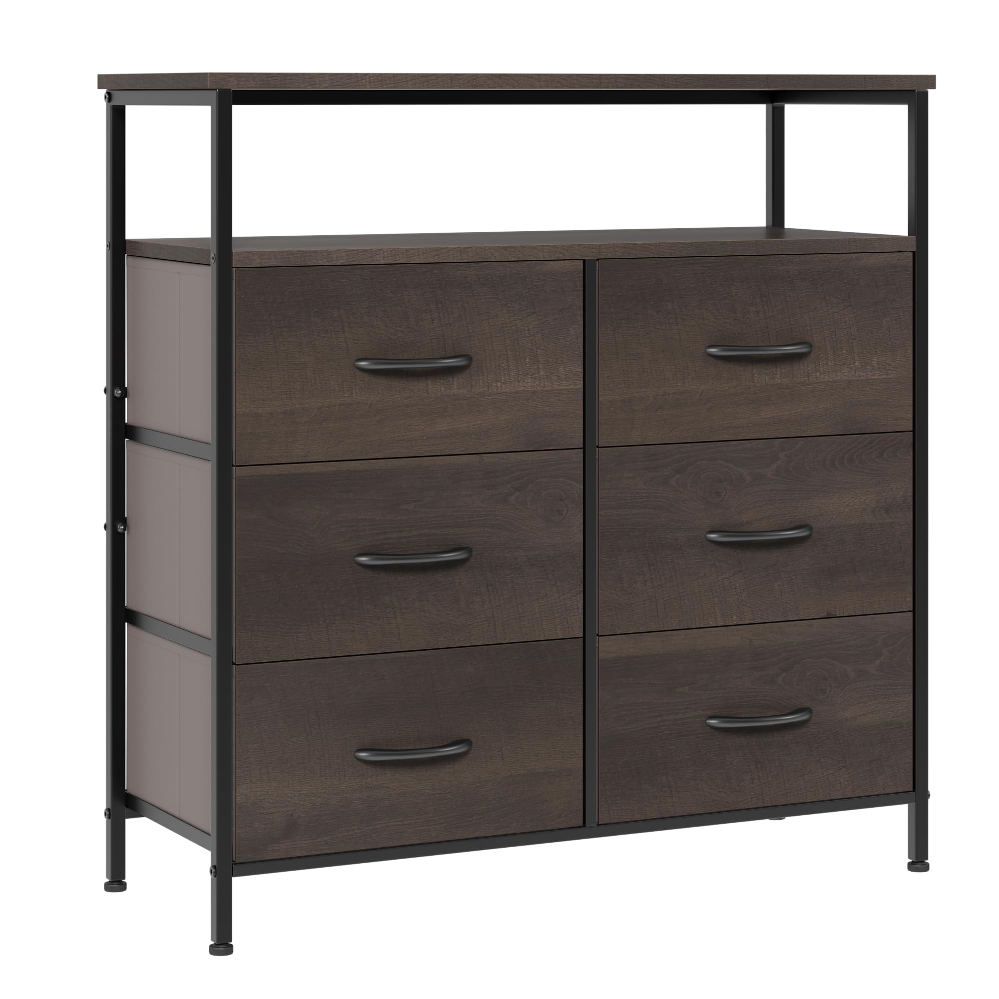 6-Drawer Wood Top Dresser with Fabric Storage Bins - Dark Brown Chest of Drawers for Bedroom, Closet & Kids Room Organization | Perfect as TV Stand, Clothes Storage & Home Decor