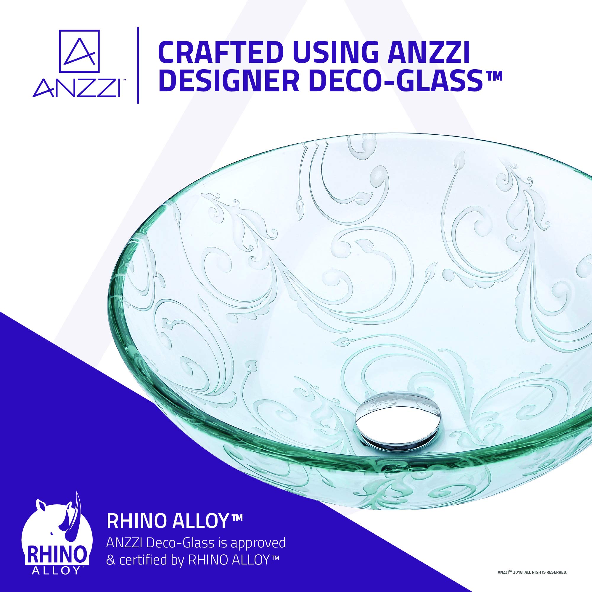 ANZZI Vieno Series Crystal Clear Flora Vessel Bathroom Sink with Pop-Up Drain - Modern Elegant Vanity Sink for Powder Room, Master Bath & Luxury Home Decor