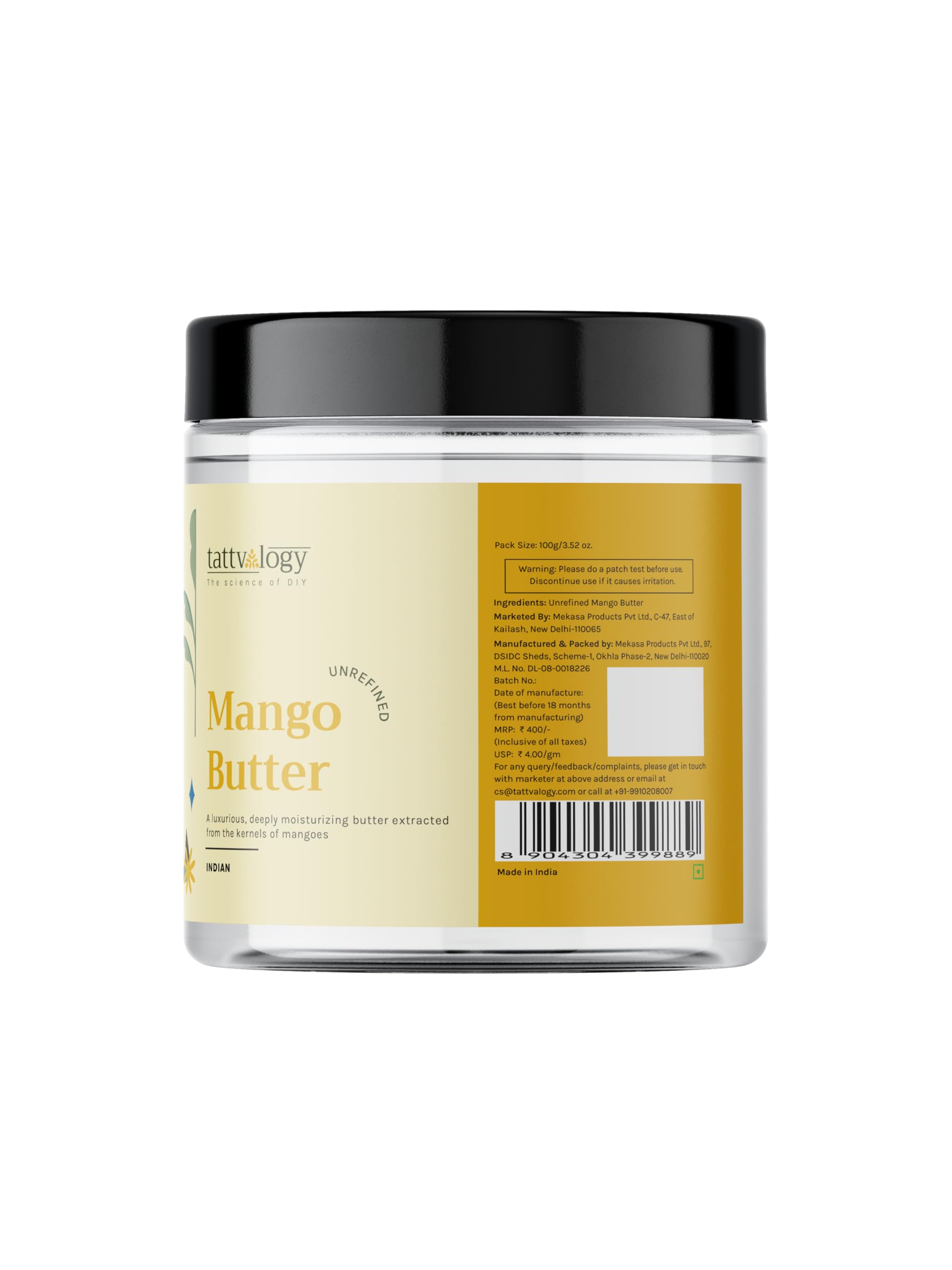 Tattvalogy 100% Raw Unrefined Mango Butter - Natural Body Butter & Lip Balm for Dry Skin Care | Deep Moisturizing & Nourishing Cream for Face, Hands & Body | Plastic Jar 3.5oz (100g) | Perfect for DIY Skincare, Massage Therapy & Daily Hydration Routine