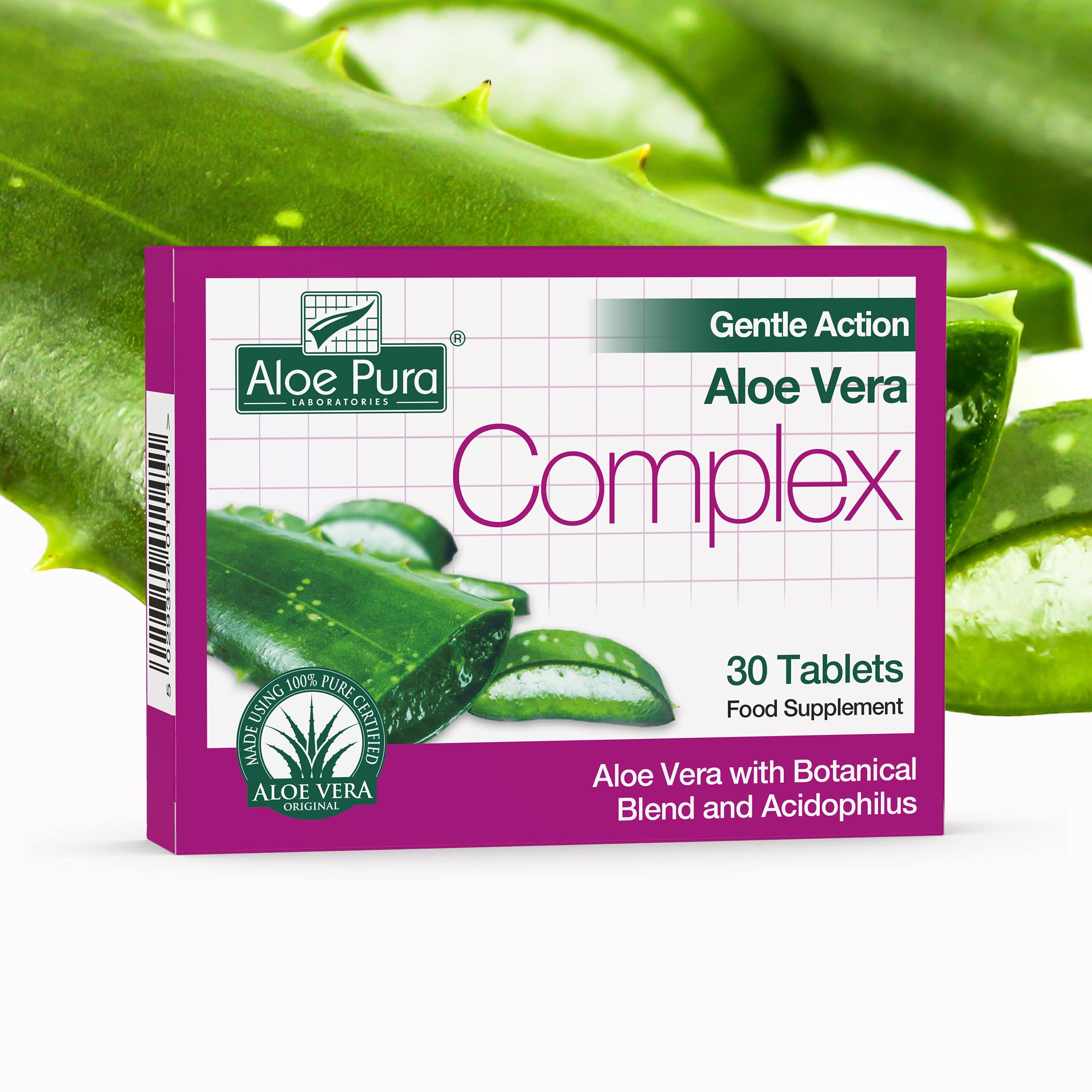 Aloe Pura Aloe Vera Gentle Action Complex Tablets - Natural Vegetarian Supplement, Cruelty-Free, 30 Count | Supports Digestive Health & Skin Wellness for Daily Detox