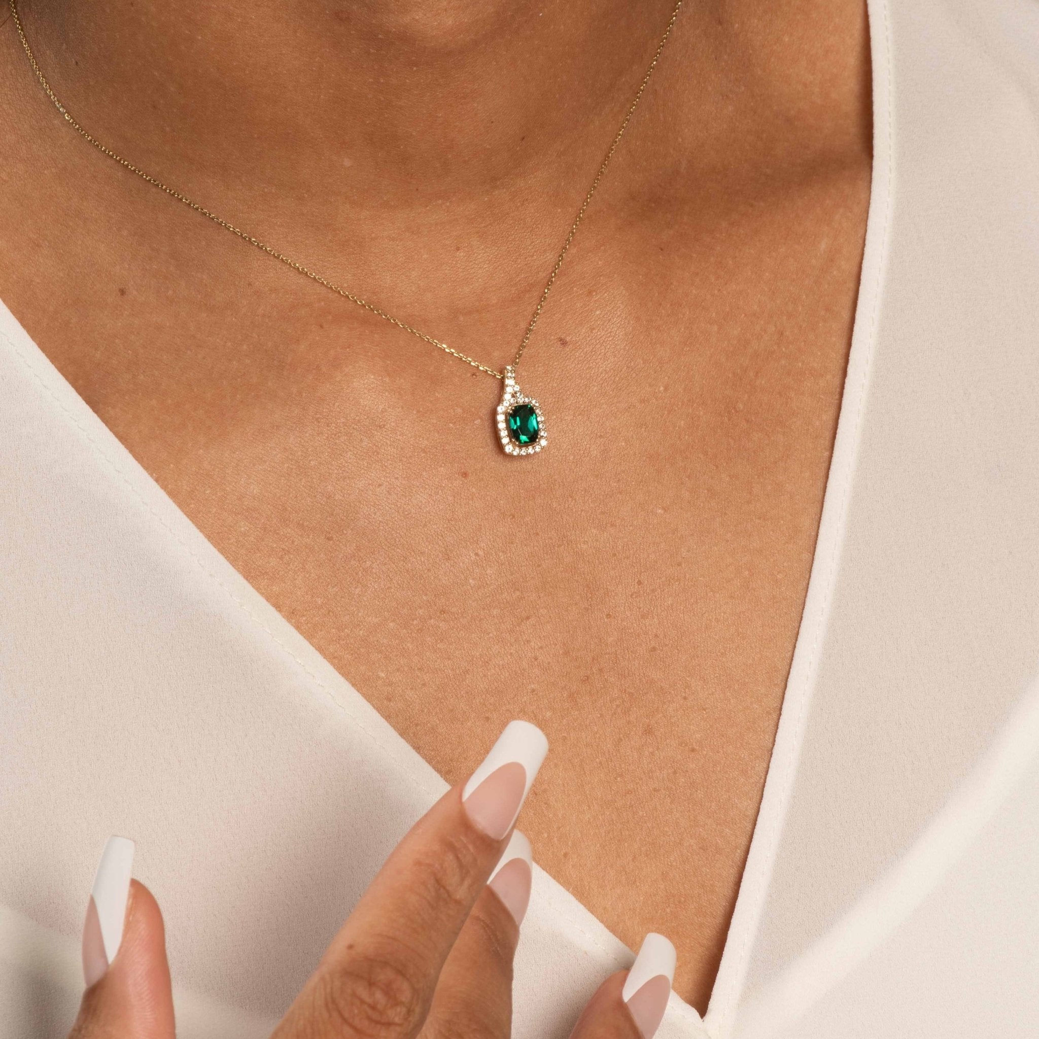 10k Yellow Gold Cushion Cut Emerald Pendant with White Sapphire Halo - Elegant Dainty Jewelry for Women, Perfect Gift for Anniversary, Birthday & Special Occasions