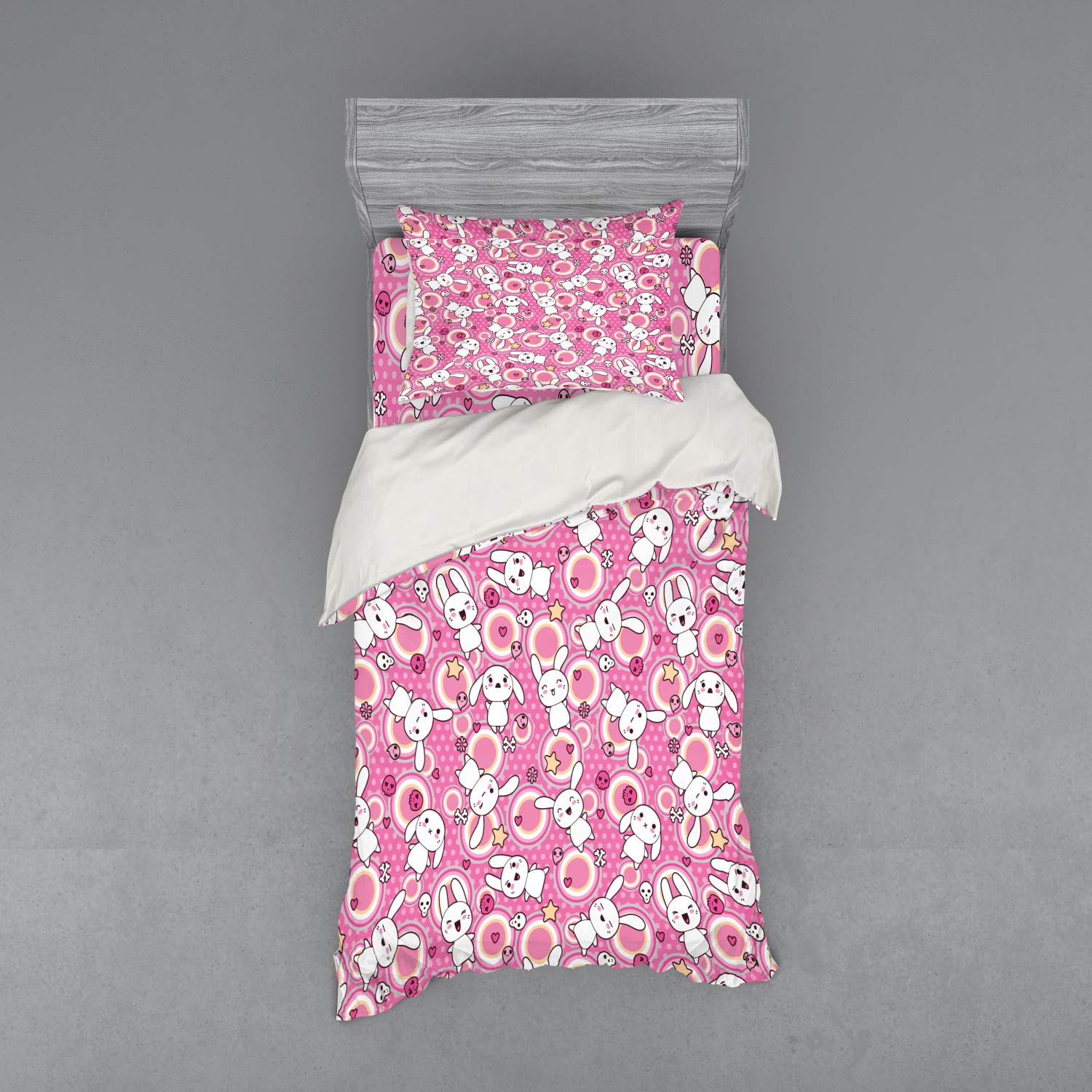 Ambesonne Anime Duvet Cover Set - Kawaii Rabbit Illustration with Funky Animal Print, 3-Piece Twin Size Bedding (Duvet Cover + Pillow Sham + Fitted Sheet) in White & Pink - Perfect for Anime Lovers' Bedroom Decor & Kawaii Themed Rooms