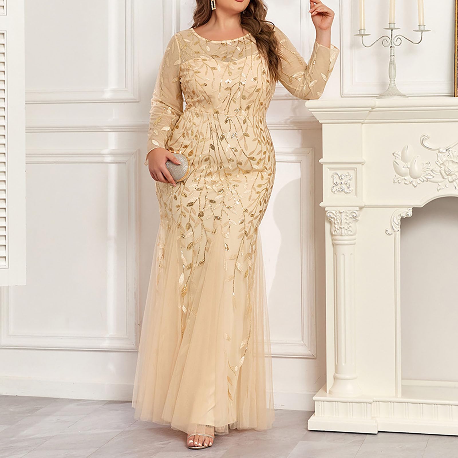 Plus Size Formal Dresses for Women - Elegant Long Sleeve Sequin Tulle Ball Gown with Sparkly Applique, Crewneck Bodycon Maxi Dress for Prom, Wedding & Special Occasions