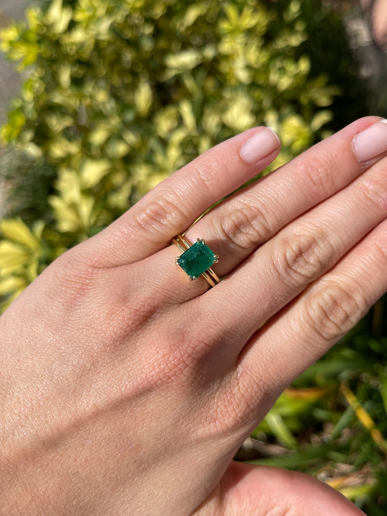 3.28ct 18K Gold Deep Dark Green Emerald Cut Solitaire Ring with 4 Double Prong Setting - Elegant Jewelry for Weddings, Engagements & Special Occasions