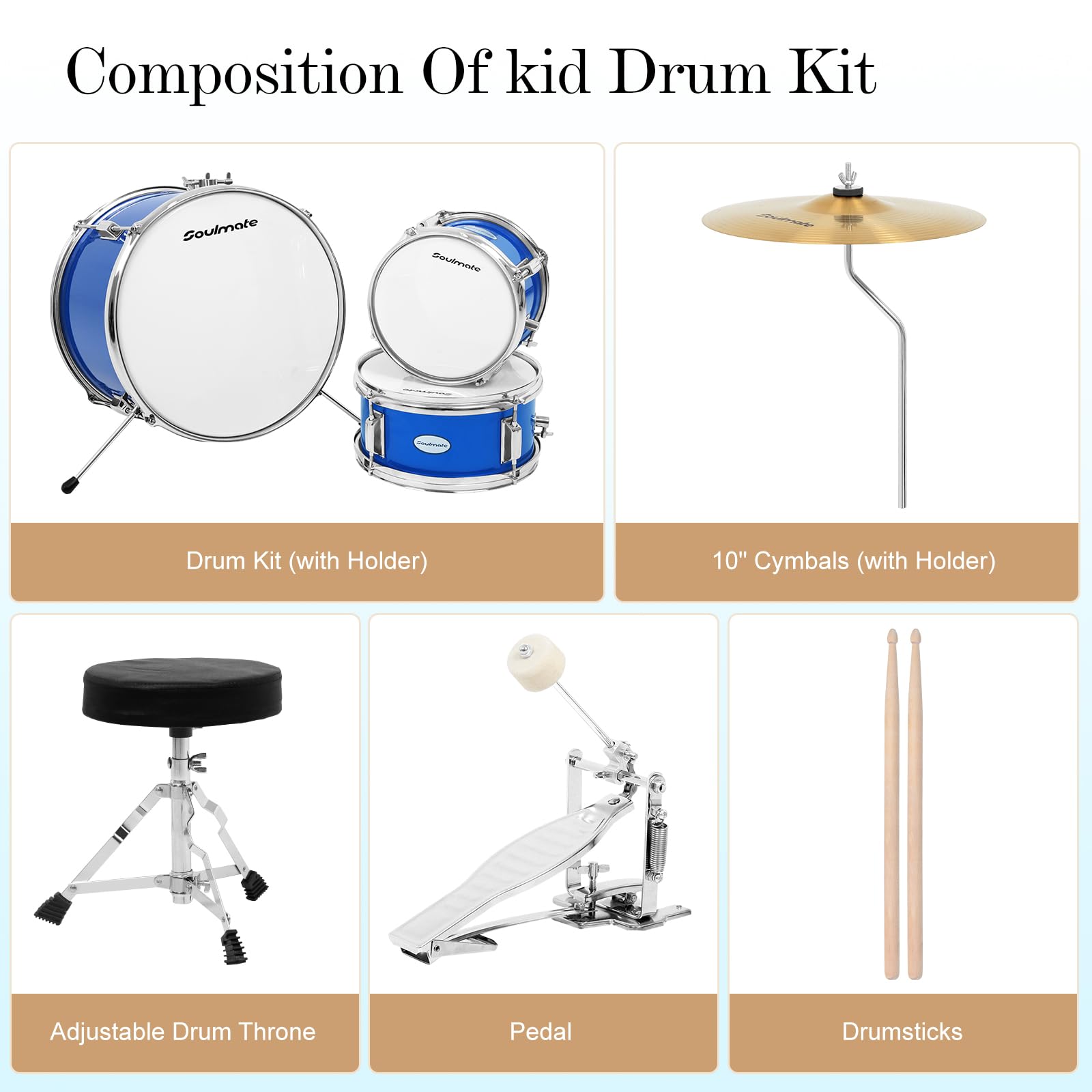 Soulmate Kids Drum Set 3-Piece 14 Inch Beginner Drum Kit with Adjustable Throne, Cymbal, Pedal, 8