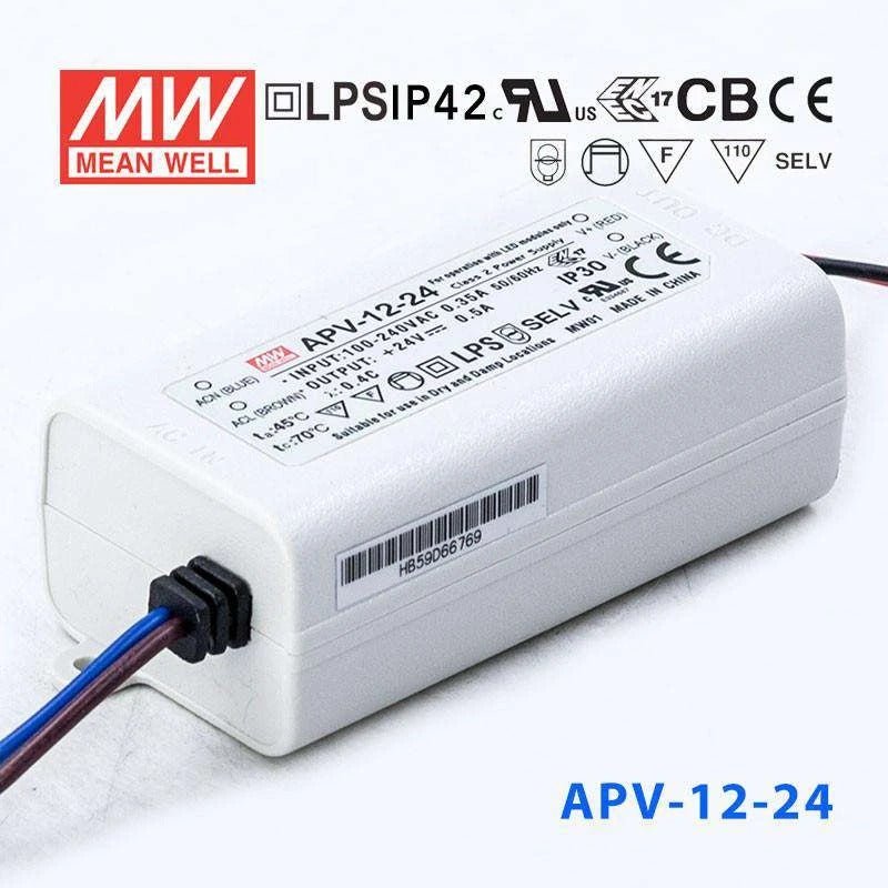 Mean Well APV-12-24 12W 24V AC/DC Power Supply - Reliable Switching Power Source for LED Strips, CCTV Cameras & Industrial Equipment