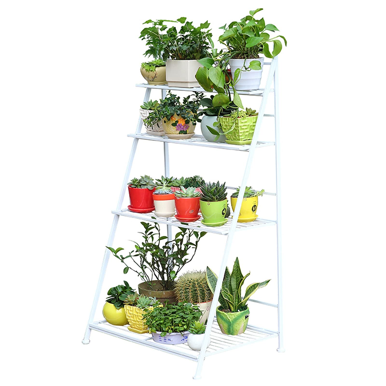FL Foldable Plant Stand - 4-Tier Indoor/Outdoor Flower Pot Holder, White - Perfect for Balcony, Garden, Living Room & Patio Decor