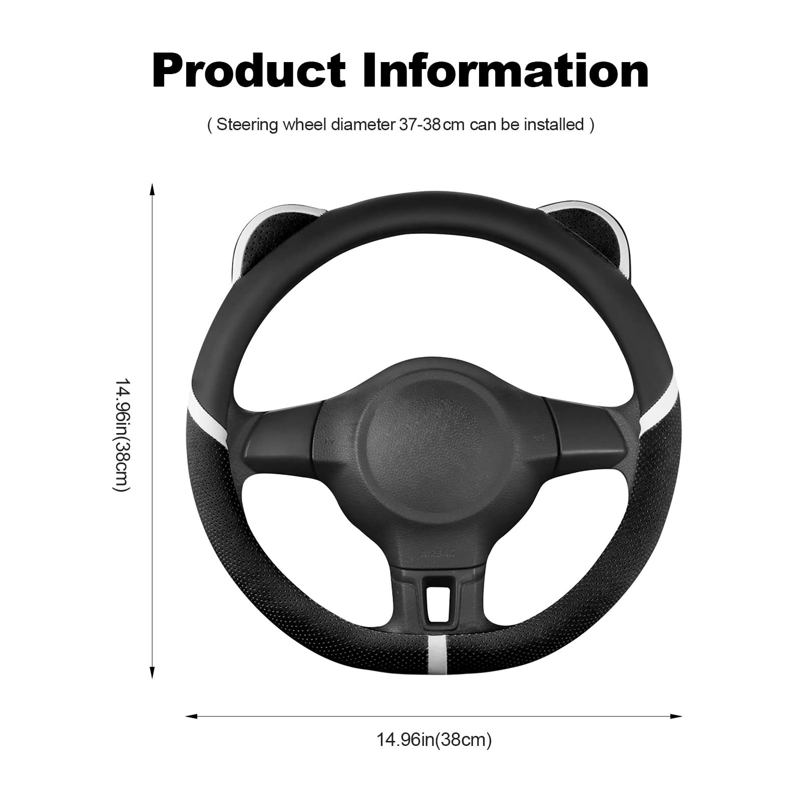 Ergocar D-Shaped Steering Wheel Cover - Cute Cartoon Cat Ears Design, Anti-Slip Microfiber PU Leather, Breathable Steering Wheel Protector (15