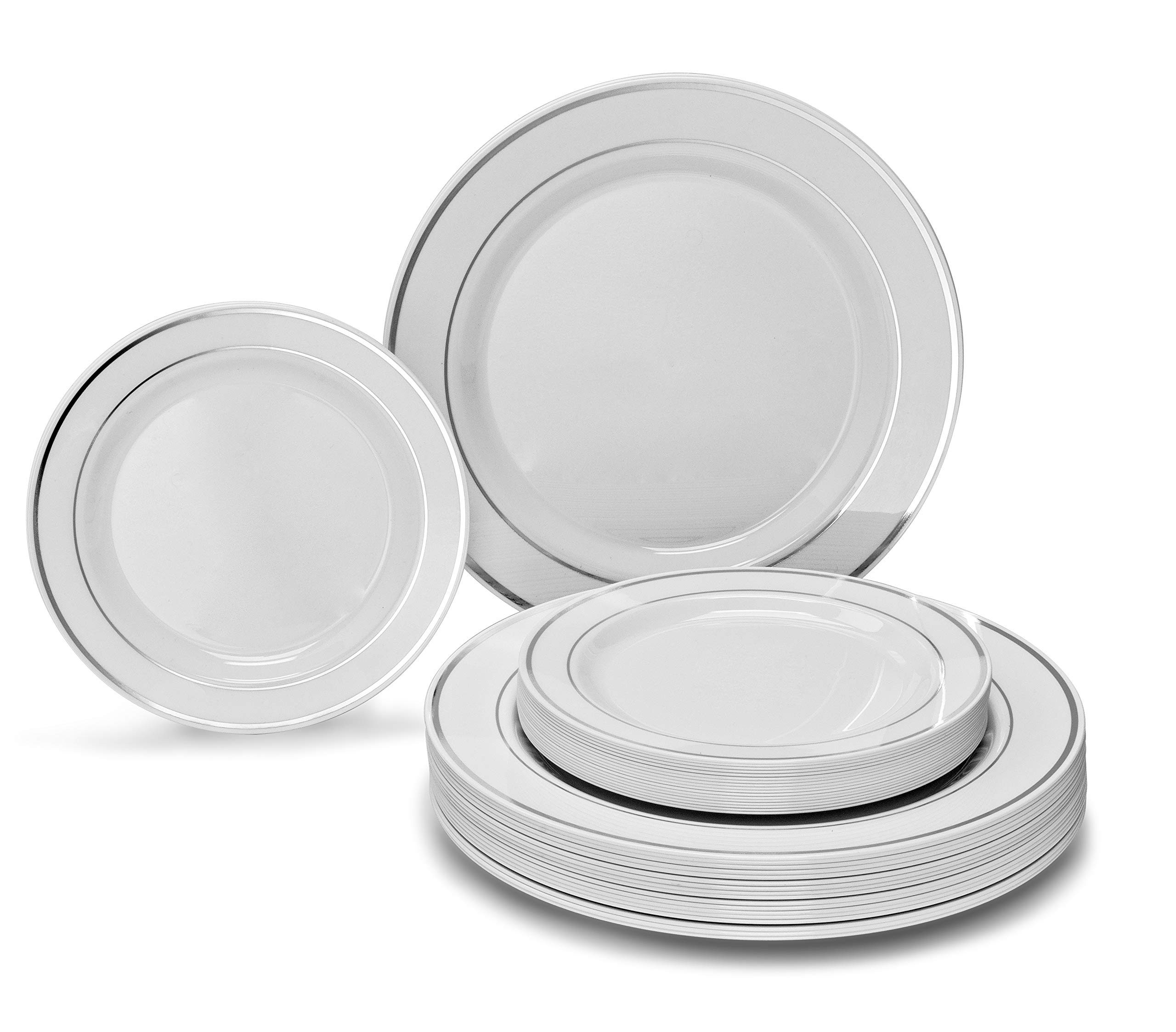 840-Piece Disposable Wedding Tableware Set - 120 Guest Plastic Plates, Silverware & Silver Rim Tumblers (Combo A, White & Silver) - Perfect for Weddings, Parties & Special Events