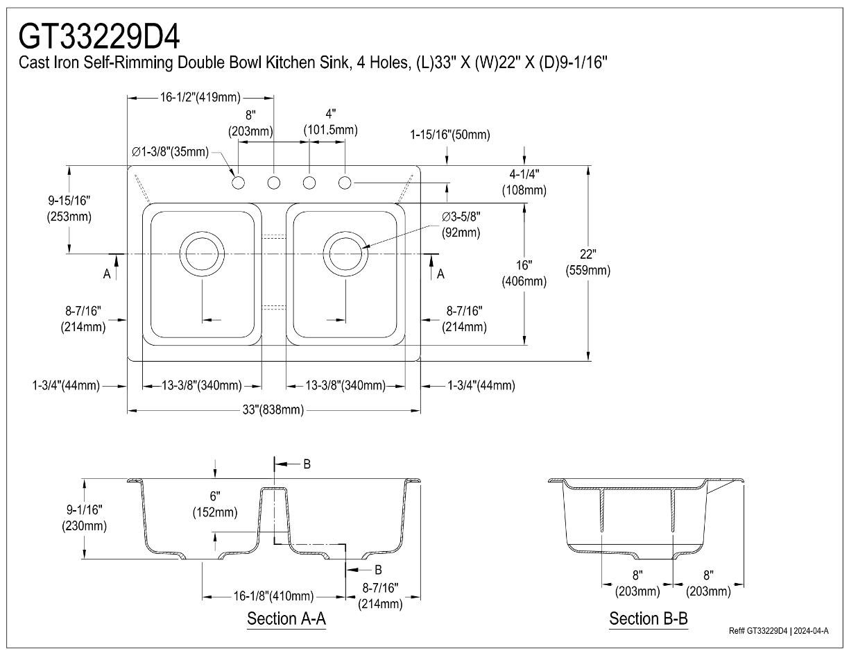 33 Inch White Cast Iron Self-Rimming 4-Hole Double Bowl Drop-In Kitchen Sink - Perfect for Modern Farmhouse & Rustic Style Kitchens, Heavy-Duty Food Prep & Dishwashing