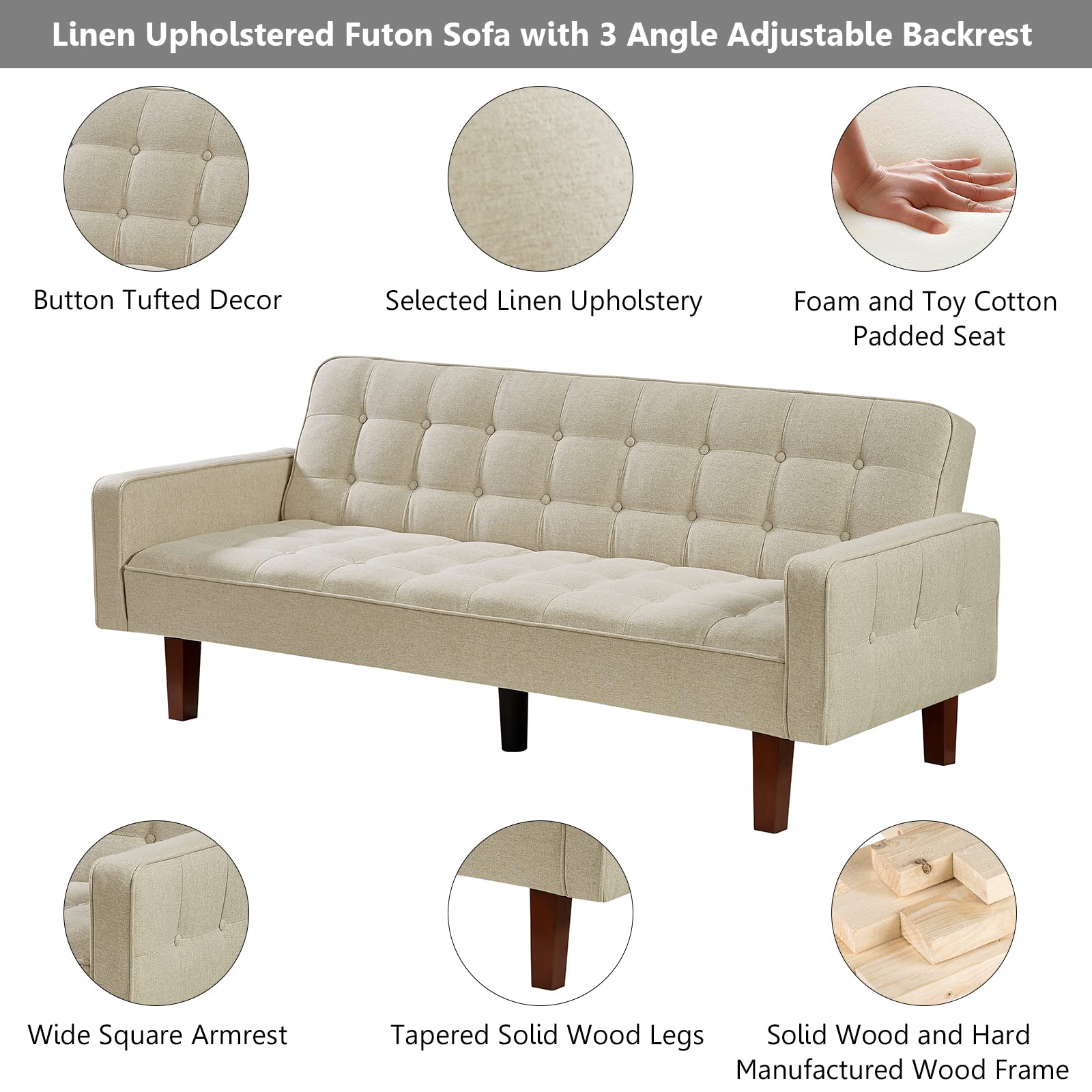 Setawix 3-Seater Linen Futon Sofa Bed - Convertible Sleeper with Button Tufted Design & Reclining Arms for Living Room, Bedroom, Apartment - Perfect for Small Spaces & Guest Accommodation (Beige) | Modern Multi-Functional Furniture for Studio Apartments, Dorms & Cozy Home Decor