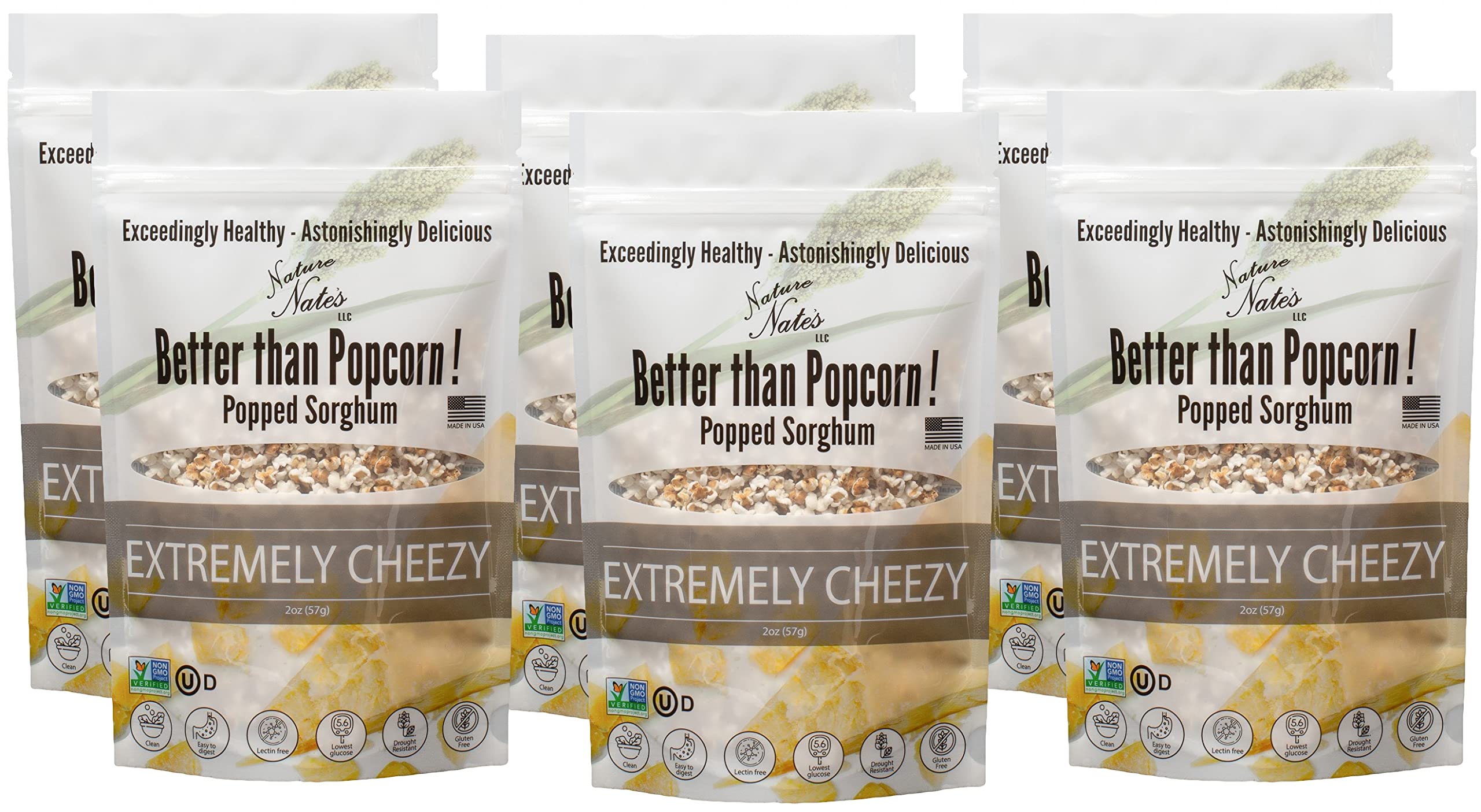 Organic Popped Sorghum Snacks - Keto, Gluten-Free, Cheesy Flavor | Healthy Alternative to Popcorn | Non-GMO, Made in USA | Perfect for Movie Nights, Road Trips & Lunchboxes - 2oz (6-Pack)